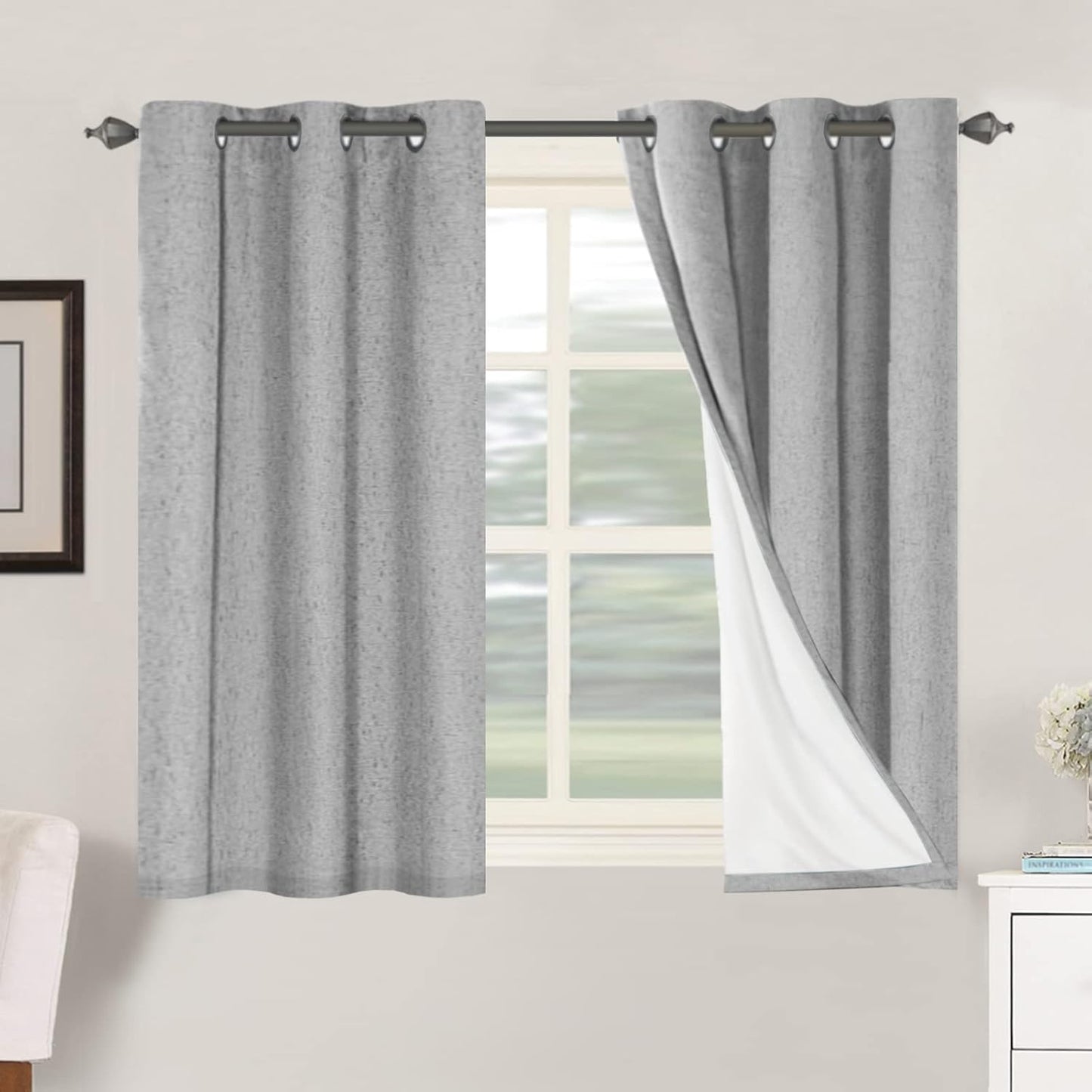 H.VERSAILTEX Linen Blackout Curtains 45 Inches Long 100% Blackout Thermal Insulated Textured Linen Look Curtain Draperies Anti-Rust Grommet, Energy Saving with White Liner, 2 Panels, Natural