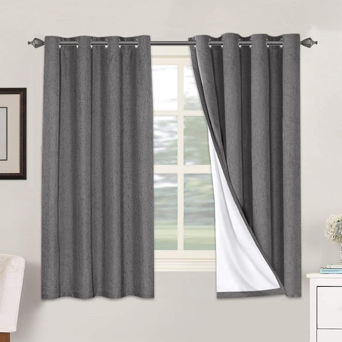H.VERSAILTEX Linen Blackout Curtains 45 Inches Long 100% Blackout Thermal Insulated Textured Linen Look Curtain Draperies Anti-Rust Grommet, Energy Saving with White Liner, 2 Panels, Natural