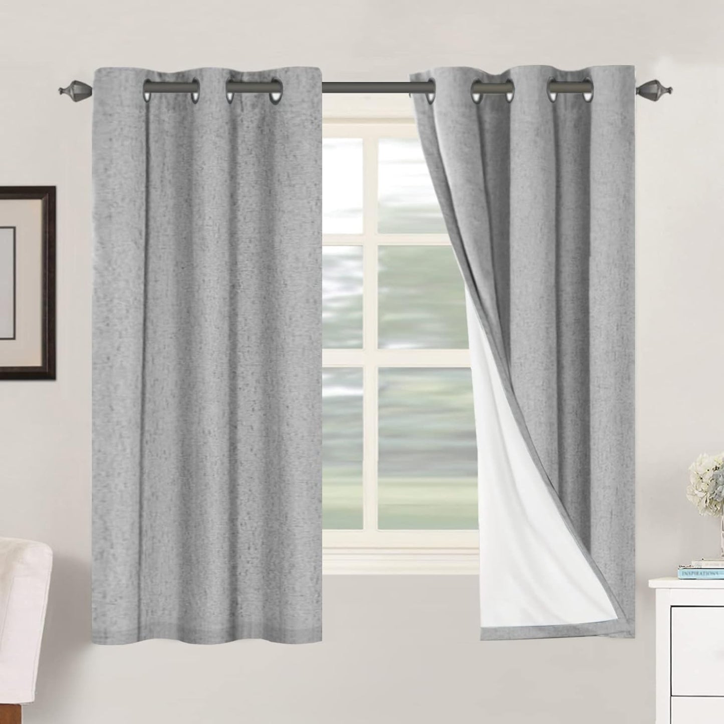 H.VERSAILTEX Linen Blackout Curtains 45 Inches Long 100% Blackout Thermal Insulated Textured Linen Look Curtain Draperies Anti-Rust Grommet, Energy Saving with White Liner, 2 Panels, Natural