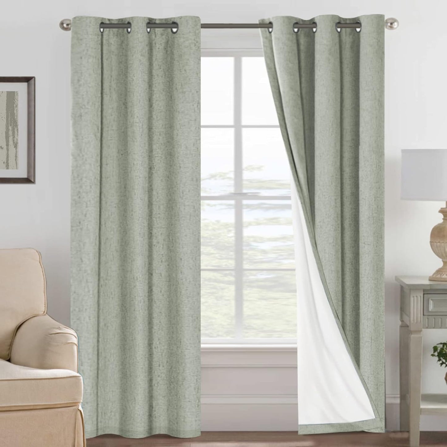 H.VERSAILTEX Linen Blackout Curtains 45 Inches Long 100% Blackout Thermal Insulated Textured Linen Look Curtain Draperies Anti-Rust Grommet, Energy Saving with White Liner, 2 Panels, Natural