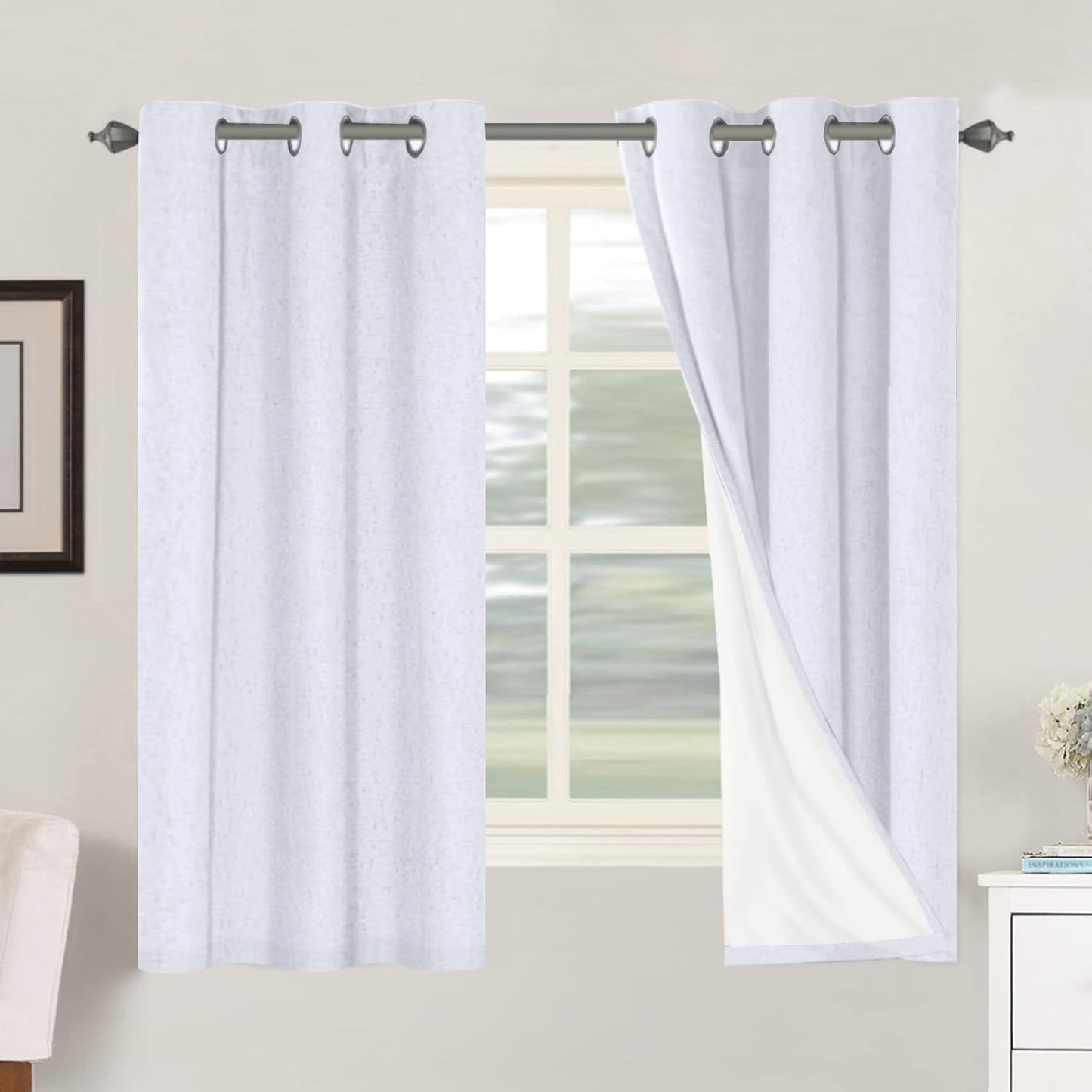 H.VERSAILTEX Linen Blackout Curtains 45 Inches Long 100% Blackout Thermal Insulated Textured Linen Look Curtain Draperies Anti-Rust Grommet, Energy Saving with White Liner, 2 Panels, Natural