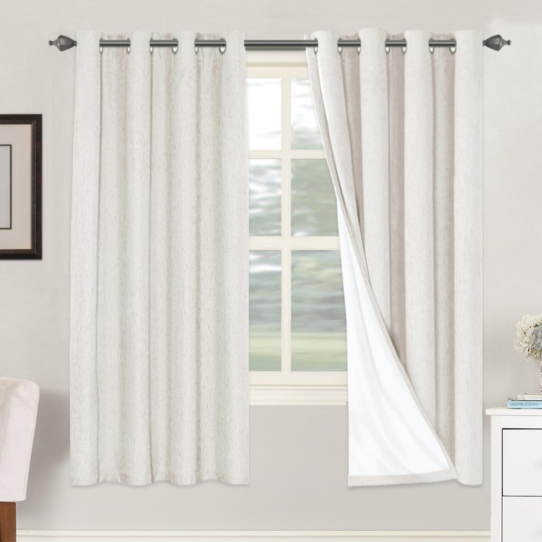 H.VERSAILTEX Linen Blackout Curtains 45 Inches Long 100% Blackout Thermal Insulated Textured Linen Look Curtain Draperies Anti-Rust Grommet, Energy Saving with White Liner, 2 Panels, Natural