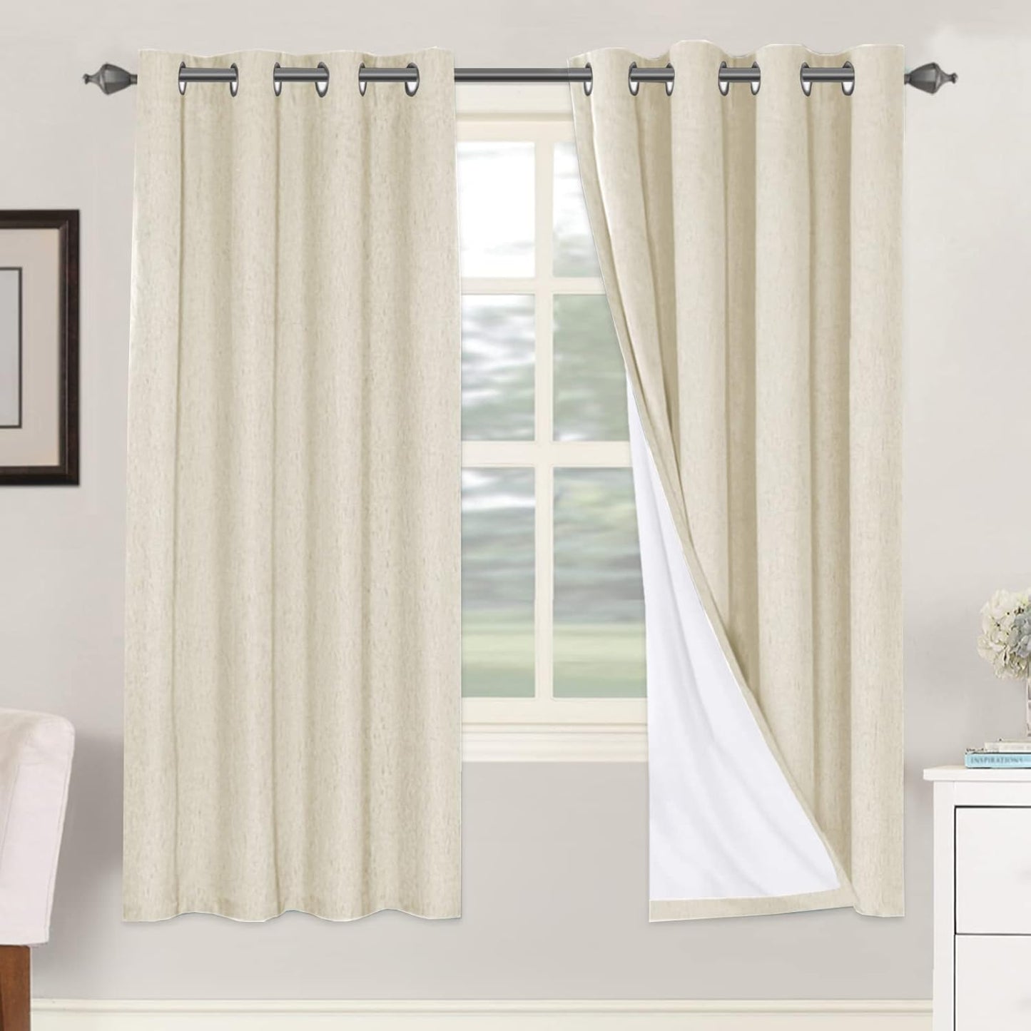 H.VERSAILTEX Linen Blackout Curtains 45 Inches Long 100% Blackout Thermal Insulated Textured Linen Look Curtain Draperies Anti-Rust Grommet, Energy Saving with White Liner, 2 Panels, Natural