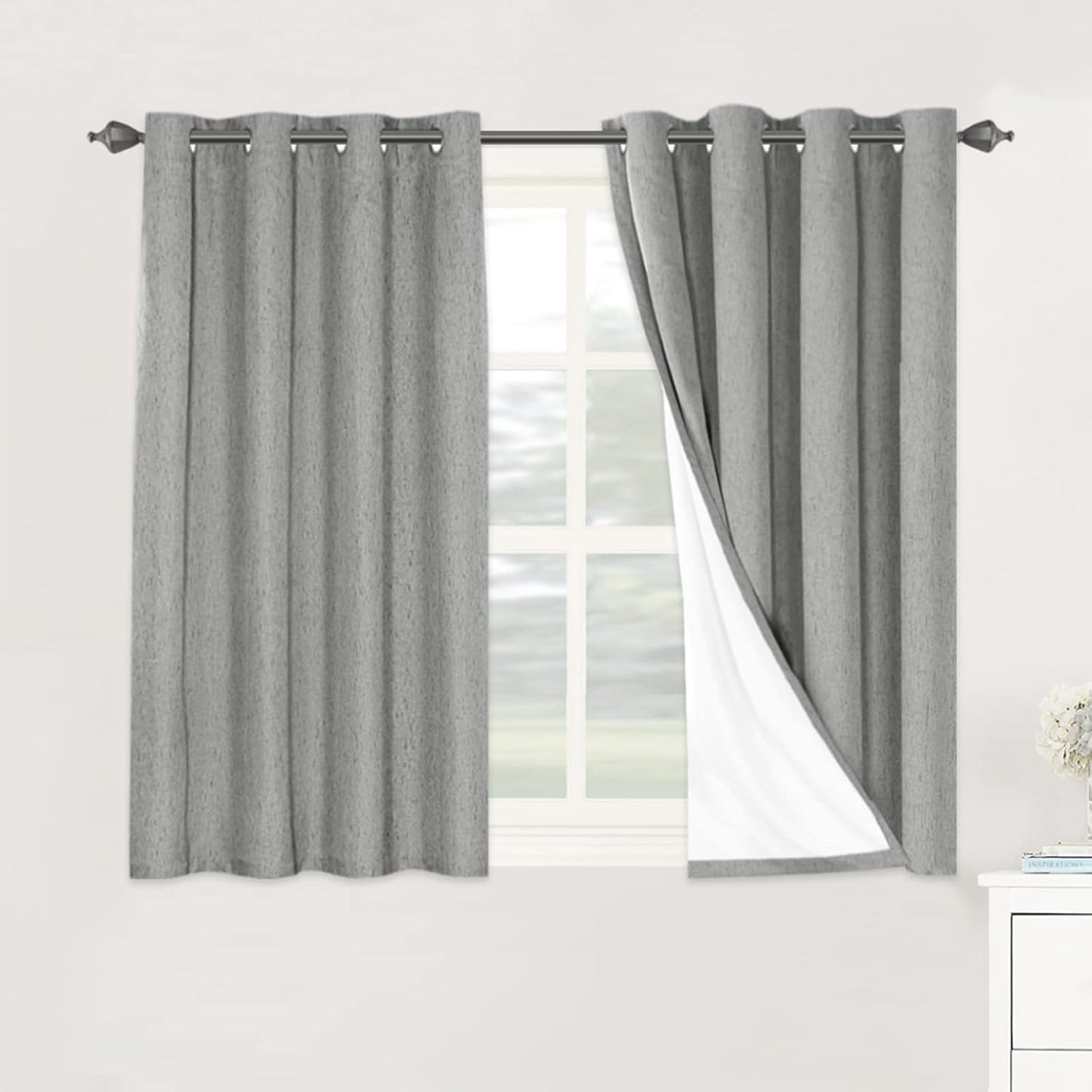 H.VERSAILTEX Linen Blackout Curtains 45 Inches Long 100% Blackout Thermal Insulated Textured Linen Look Curtain Draperies Anti-Rust Grommet, Energy Saving with White Liner, 2 Panels, Natural