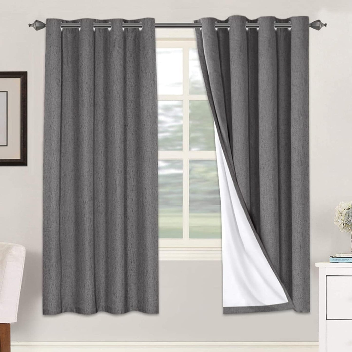 H.VERSAILTEX Linen Blackout Curtains 45 Inches Long 100% Blackout Thermal Insulated Textured Linen Look Curtain Draperies Anti-Rust Grommet, Energy Saving with White Liner, 2 Panels, Natural