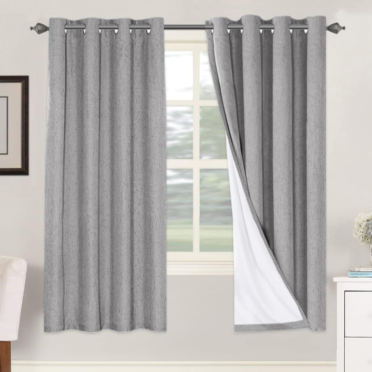 H.VERSAILTEX Linen Blackout Curtains 45 Inches Long 100% Blackout Thermal Insulated Textured Linen Look Curtain Draperies Anti-Rust Grommet, Energy Saving with White Liner, 2 Panels, Natural