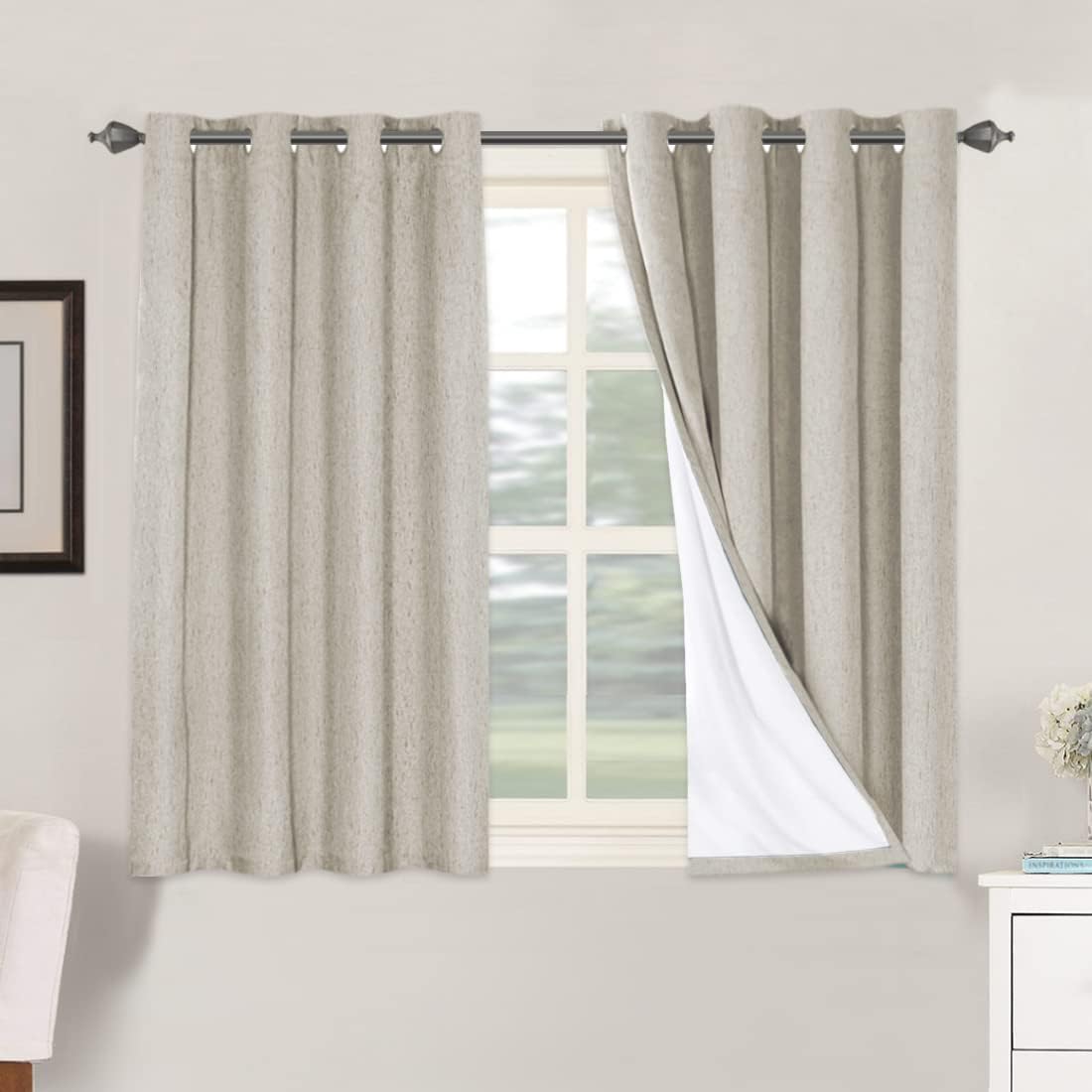 H.VERSAILTEX Linen Blackout Curtains 45 Inches Long 100% Blackout Thermal Insulated Textured Linen Look Curtain Draperies Anti-Rust Grommet, Energy Saving with White Liner, 2 Panels, Natural
