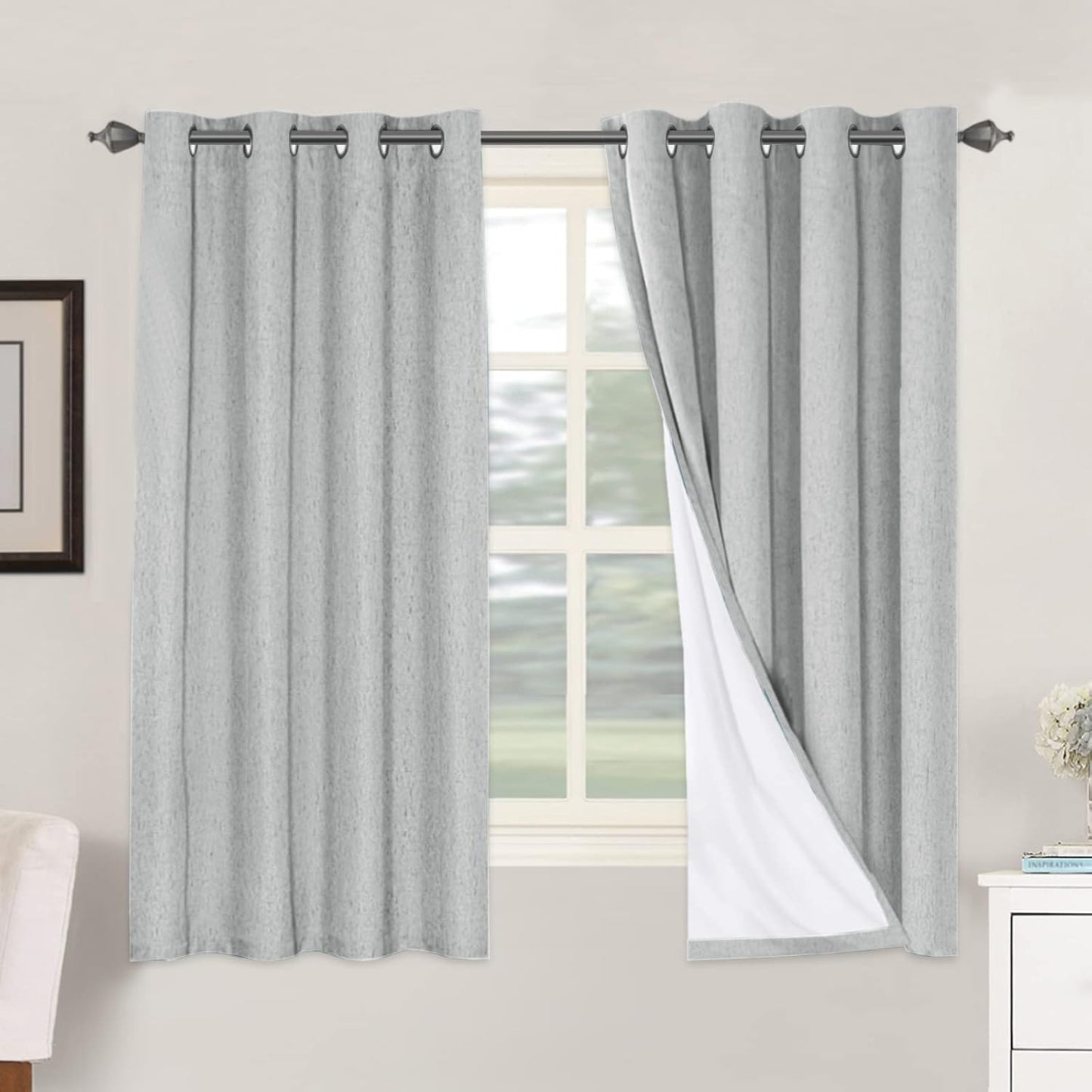H.VERSAILTEX Linen Blackout Curtains 45 Inches Long 100% Blackout Thermal Insulated Textured Linen Look Curtain Draperies Anti-Rust Grommet, Energy Saving with White Liner, 2 Panels, Natural
