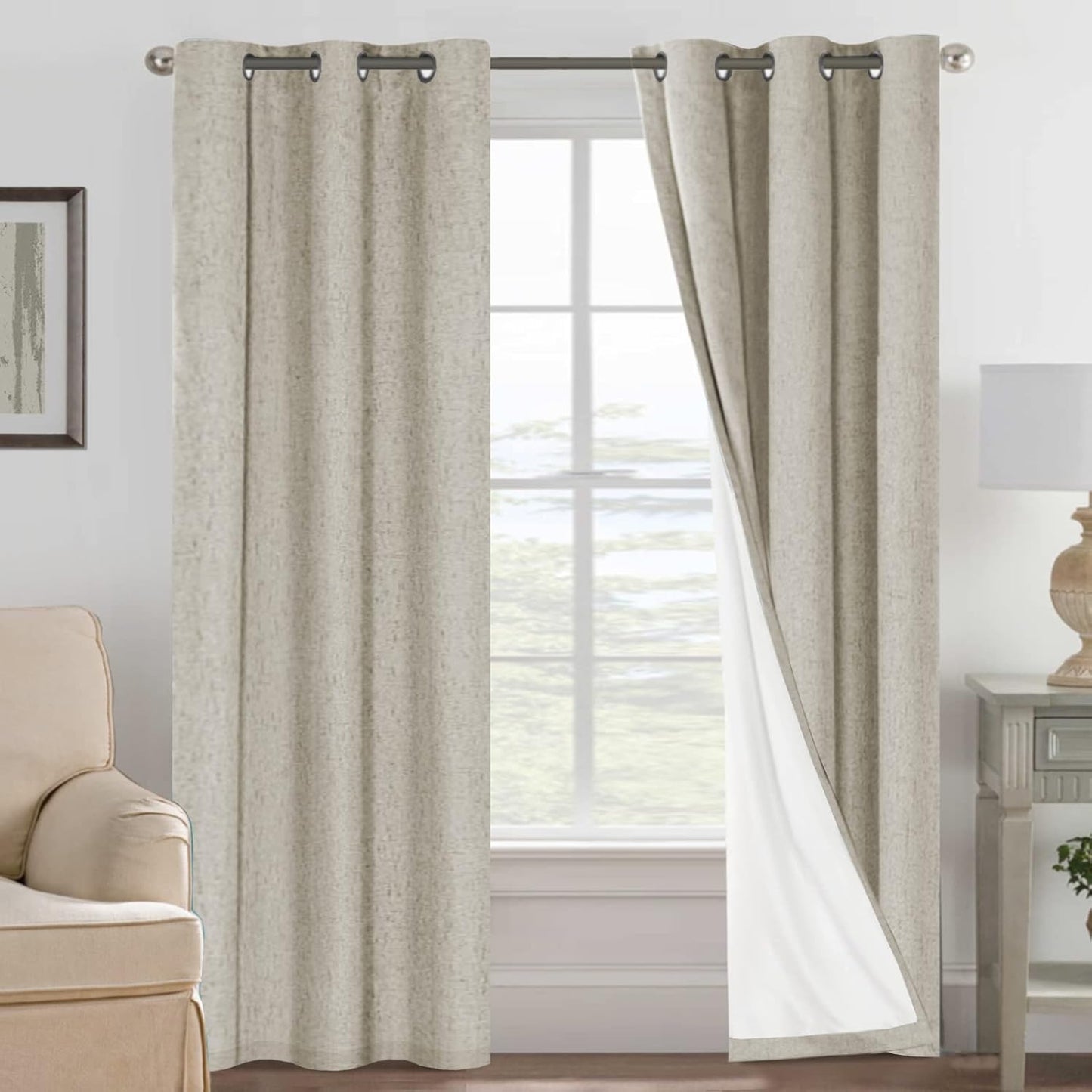H.VERSAILTEX Linen Blackout Curtains 45 Inches Long 100% Blackout Thermal Insulated Textured Linen Look Curtain Draperies Anti-Rust Grommet, Energy Saving with White Liner, 2 Panels, Natural
