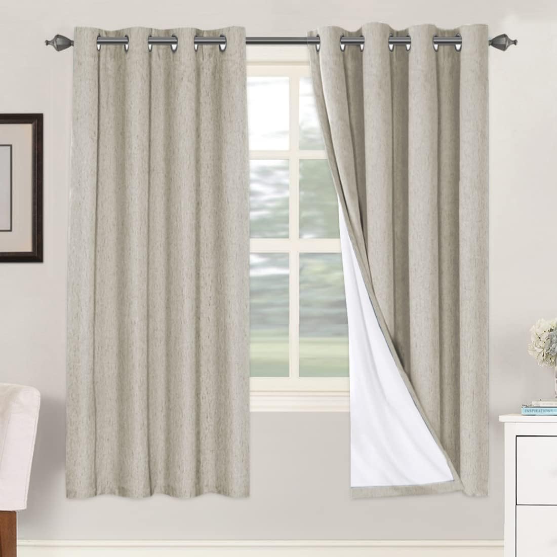 H.VERSAILTEX Linen Blackout Curtains 45 Inches Long 100% Blackout Thermal Insulated Textured Linen Look Curtain Draperies Anti-Rust Grommet, Energy Saving with White Liner, 2 Panels, Natural