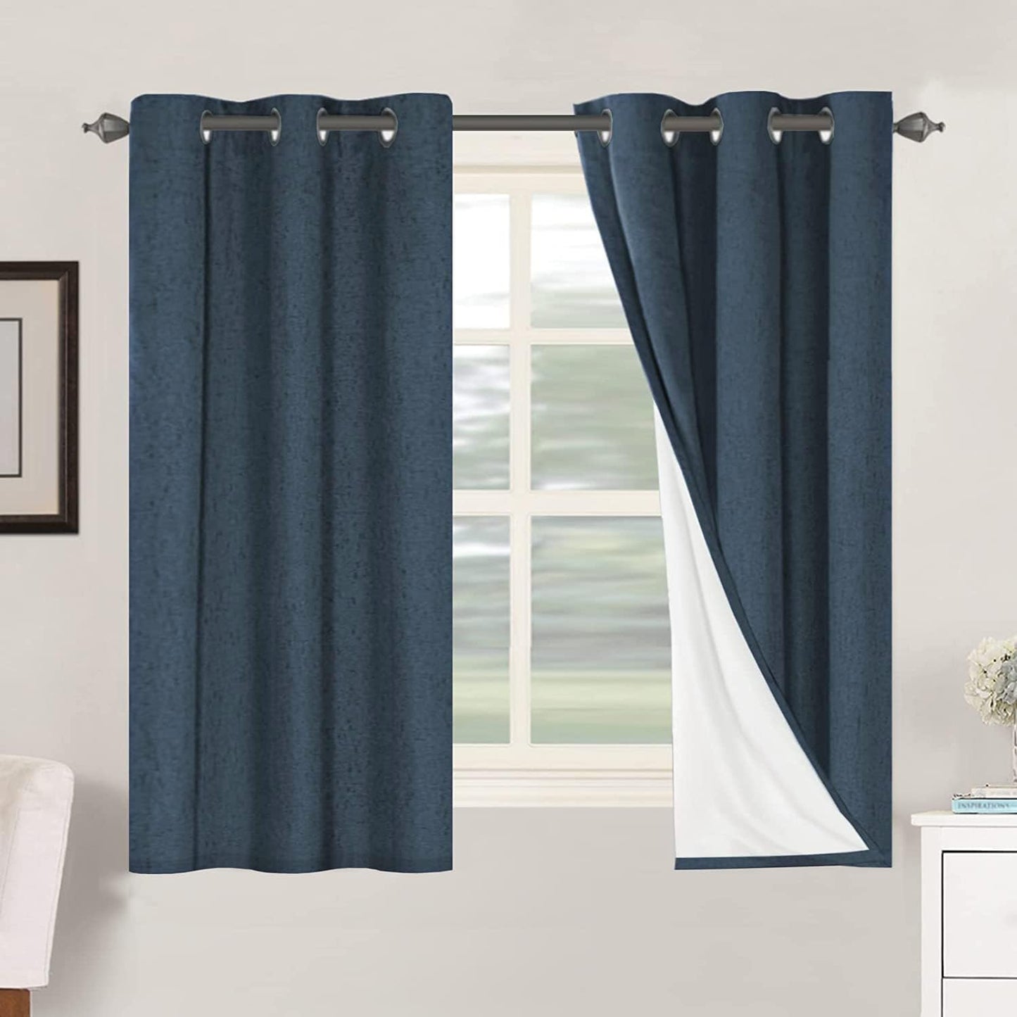 H.VERSAILTEX Linen Blackout Curtains 45 Inches Long 100% Blackout Thermal Insulated Textured Linen Look Curtain Draperies Anti-Rust Grommet, Energy Saving with White Liner, 2 Panels, Natural
