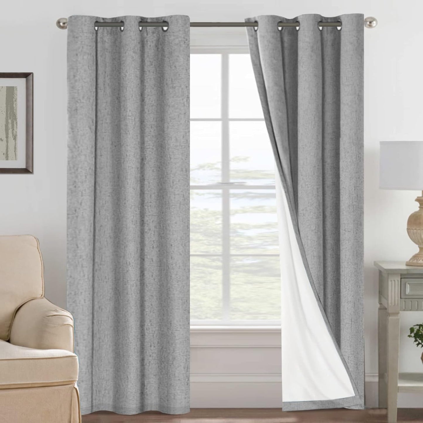 H.VERSAILTEX Linen Blackout Curtains 45 Inches Long 100% Blackout Thermal Insulated Textured Linen Look Curtain Draperies Anti-Rust Grommet, Energy Saving with White Liner, 2 Panels, Natural
