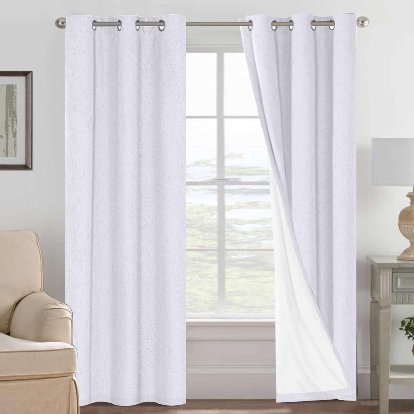 H.VERSAILTEX Linen Blackout Curtains 45 Inches Long 100% Blackout Thermal Insulated Textured Linen Look Curtain Draperies Anti-Rust Grommet, Energy Saving with White Liner, 2 Panels, Natural