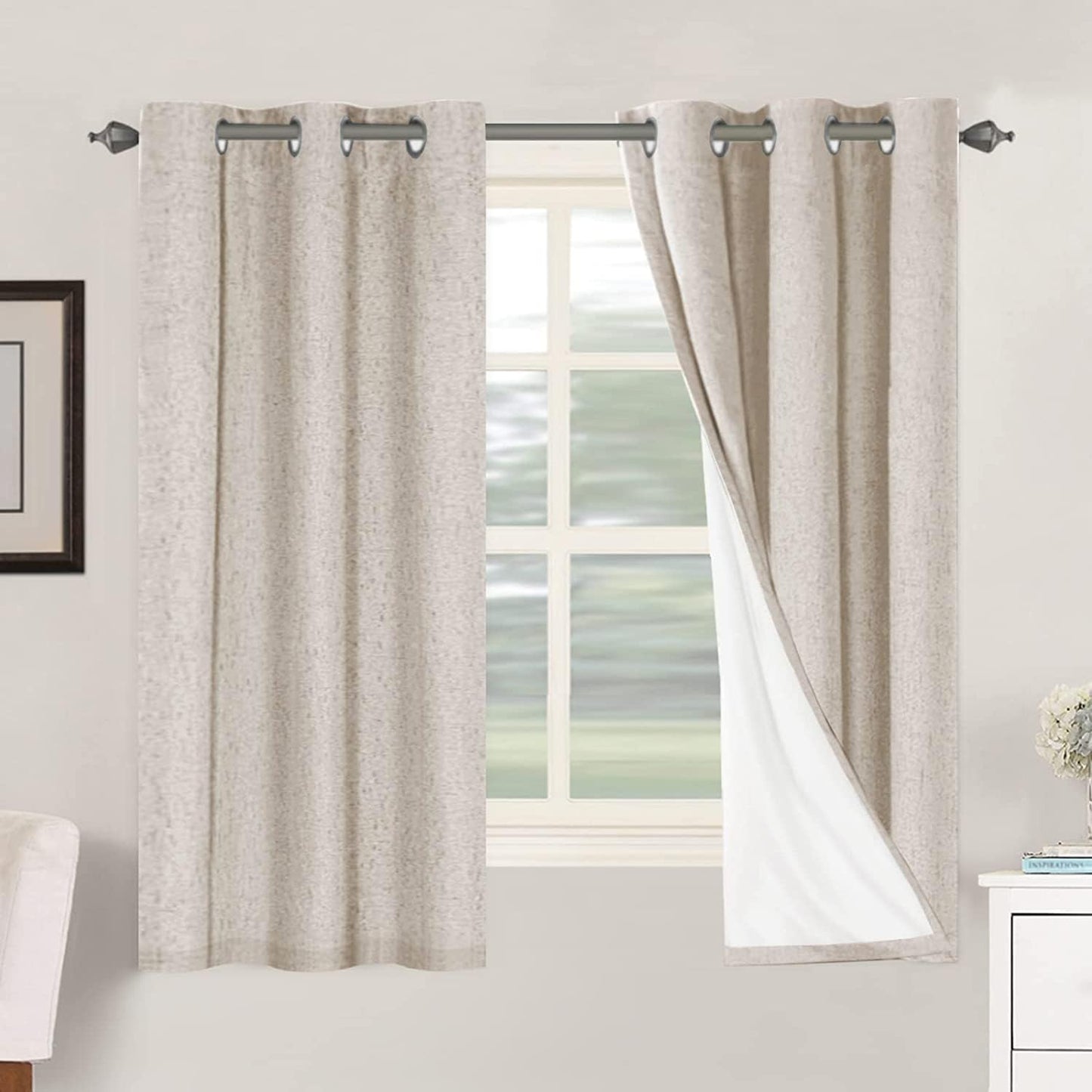 H.VERSAILTEX Linen Blackout Curtains 45 Inches Long 100% Blackout Thermal Insulated Textured Linen Look Curtain Draperies Anti-Rust Grommet, Energy Saving with White Liner, 2 Panels, Natural