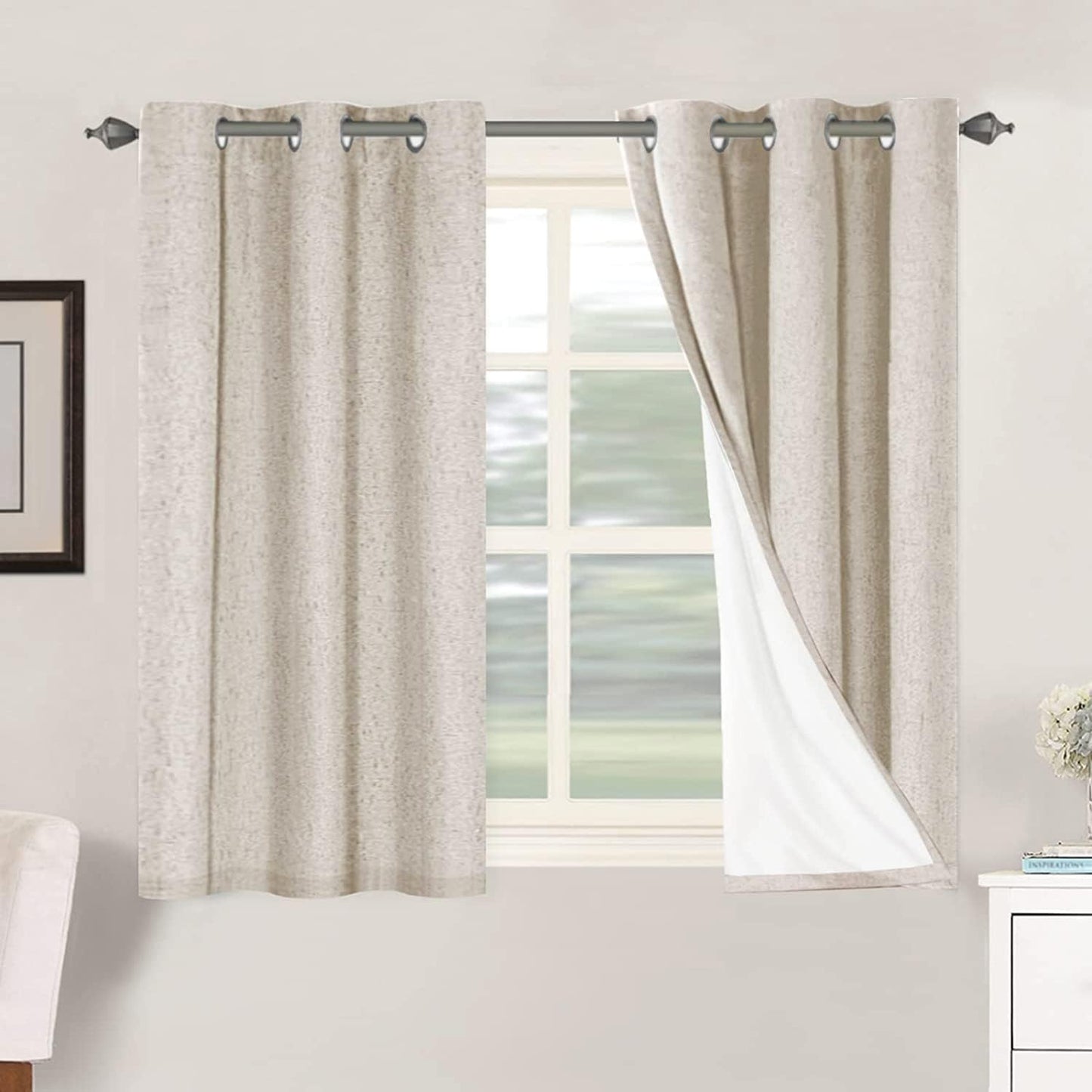 H.VERSAILTEX Linen Blackout Curtains 45 Inches Long 100% Blackout Thermal Insulated Textured Linen Look Curtain Draperies Anti-Rust Grommet, Energy Saving with White Liner, 2 Panels, Natural
