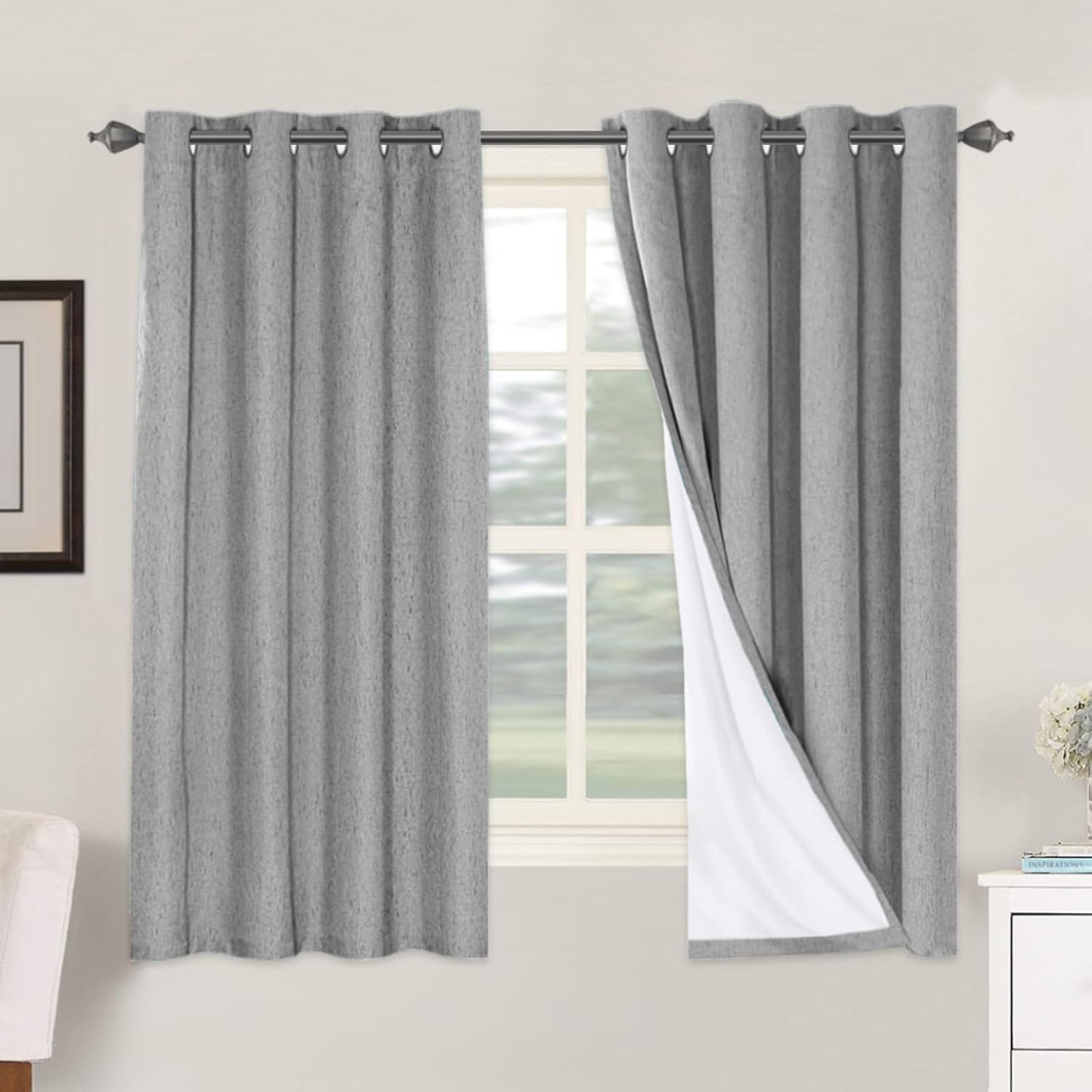 H.VERSAILTEX Linen Blackout Curtains 45 Inches Long 100% Blackout Thermal Insulated Textured Linen Look Curtain Draperies Anti-Rust Grommet, Energy Saving with White Liner, 2 Panels, Natural