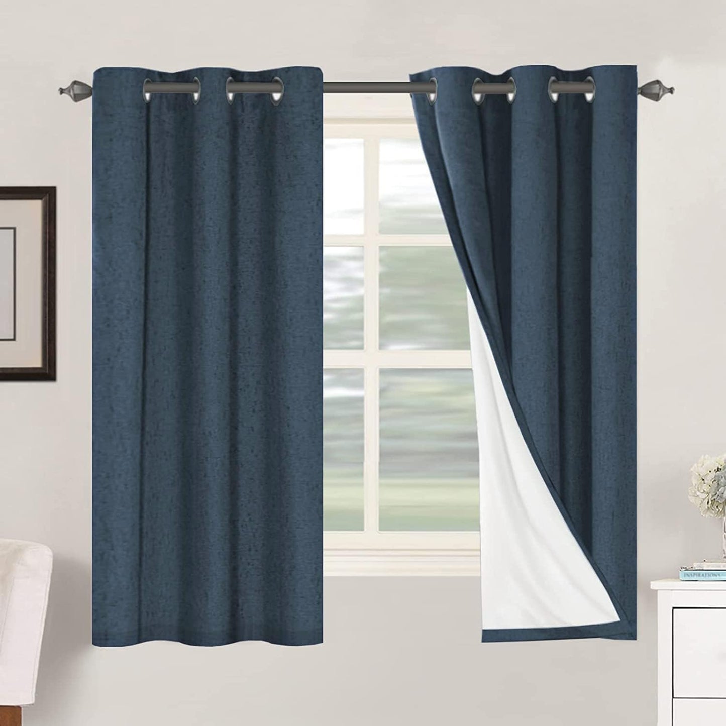 H.VERSAILTEX Linen Blackout Curtains 45 Inches Long 100% Blackout Thermal Insulated Textured Linen Look Curtain Draperies Anti-Rust Grommet, Energy Saving with White Liner, 2 Panels, Natural