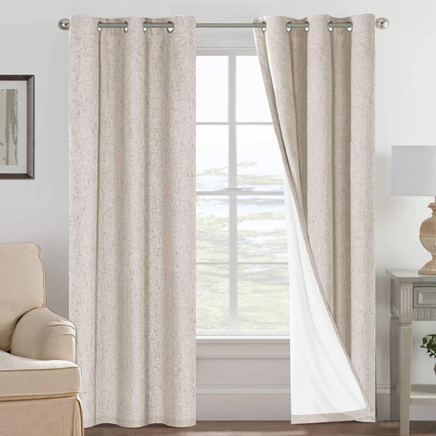 H.VERSAILTEX Linen Blackout Curtains 45 Inches Long 100% Blackout Thermal Insulated Textured Linen Look Curtain Draperies Anti-Rust Grommet, Energy Saving with White Liner, 2 Panels, Natural