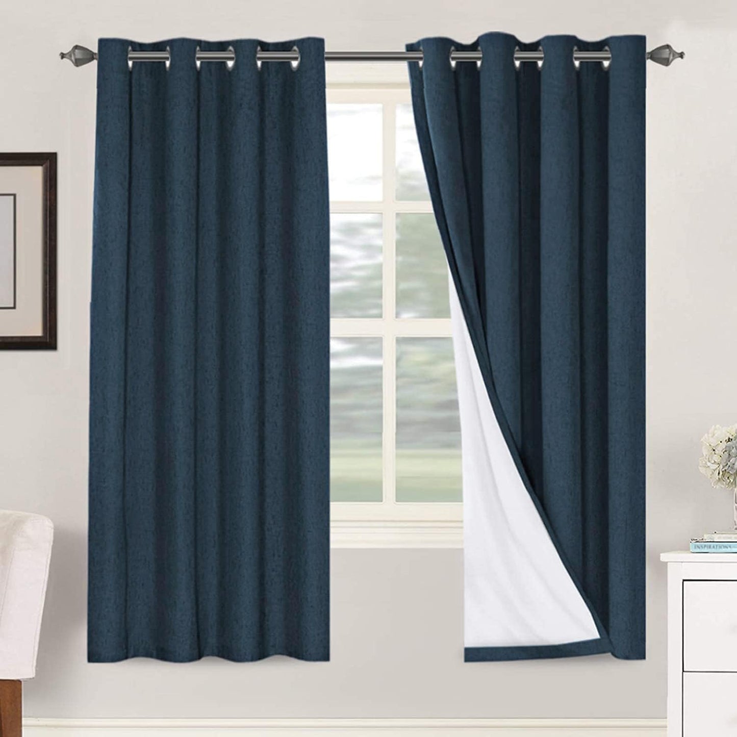 H.VERSAILTEX Linen Blackout Curtains 45 Inches Long 100% Blackout Thermal Insulated Textured Linen Look Curtain Draperies Anti-Rust Grommet, Energy Saving with White Liner, 2 Panels, Natural