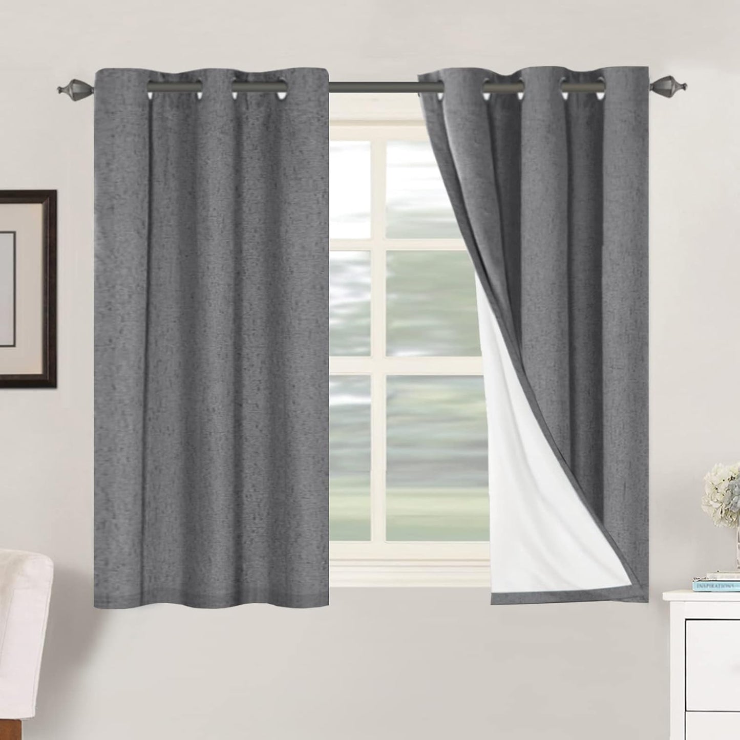 H.VERSAILTEX Linen Blackout Curtains 45 Inches Long 100% Blackout Thermal Insulated Textured Linen Look Curtain Draperies Anti-Rust Grommet, Energy Saving with White Liner, 2 Panels, Natural