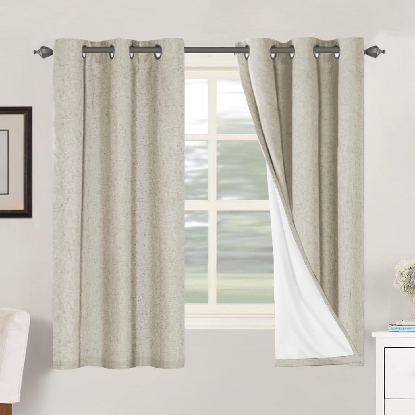 H.VERSAILTEX Linen Blackout Curtains 45 Inches Long 100% Blackout Thermal Insulated Textured Linen Look Curtain Draperies Anti-Rust Grommet, Energy Saving with White Liner, 2 Panels, Natural