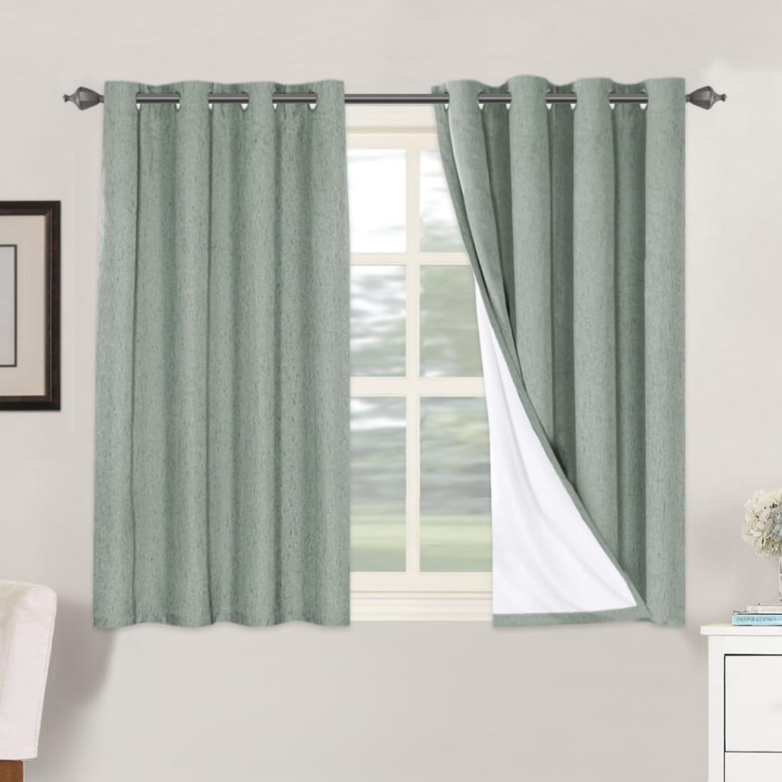 H.VERSAILTEX Linen Blackout Curtains 45 Inches Long 100% Blackout Thermal Insulated Textured Linen Look Curtain Draperies Anti-Rust Grommet, Energy Saving with White Liner, 2 Panels, Natural