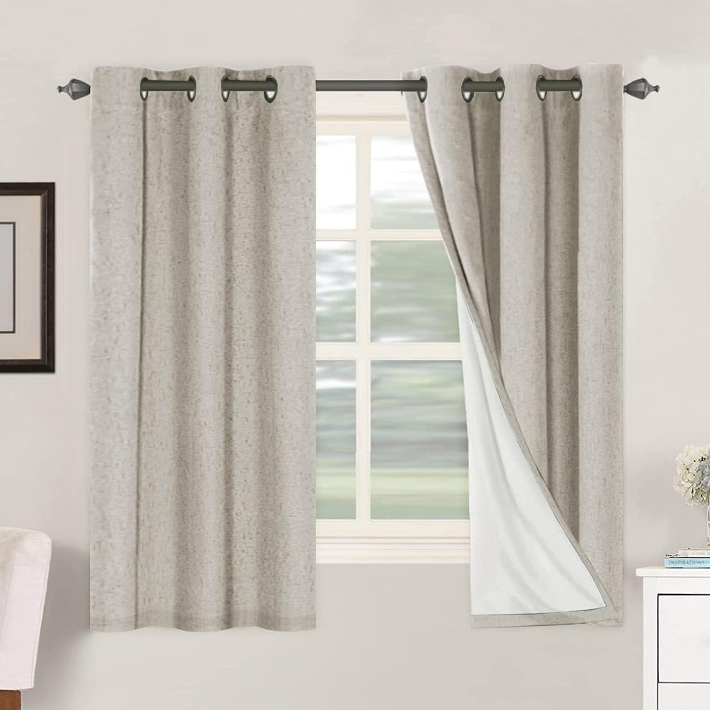 H.VERSAILTEX Linen Blackout Curtains 45 Inches Long 100% Blackout Thermal Insulated Textured Linen Look Curtain Draperies Anti-Rust Grommet, Energy Saving with White Liner, 2 Panels, Natural