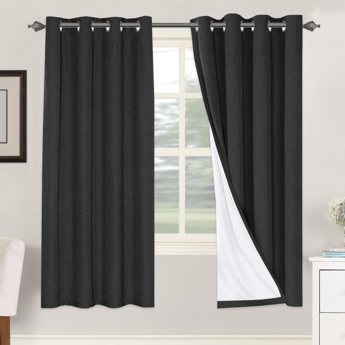 H.VERSAILTEX Linen Blackout Curtains 45 Inches Long 100% Blackout Thermal Insulated Textured Linen Look Curtain Draperies Anti-Rust Grommet, Energy Saving with White Liner, 2 Panels, Natural