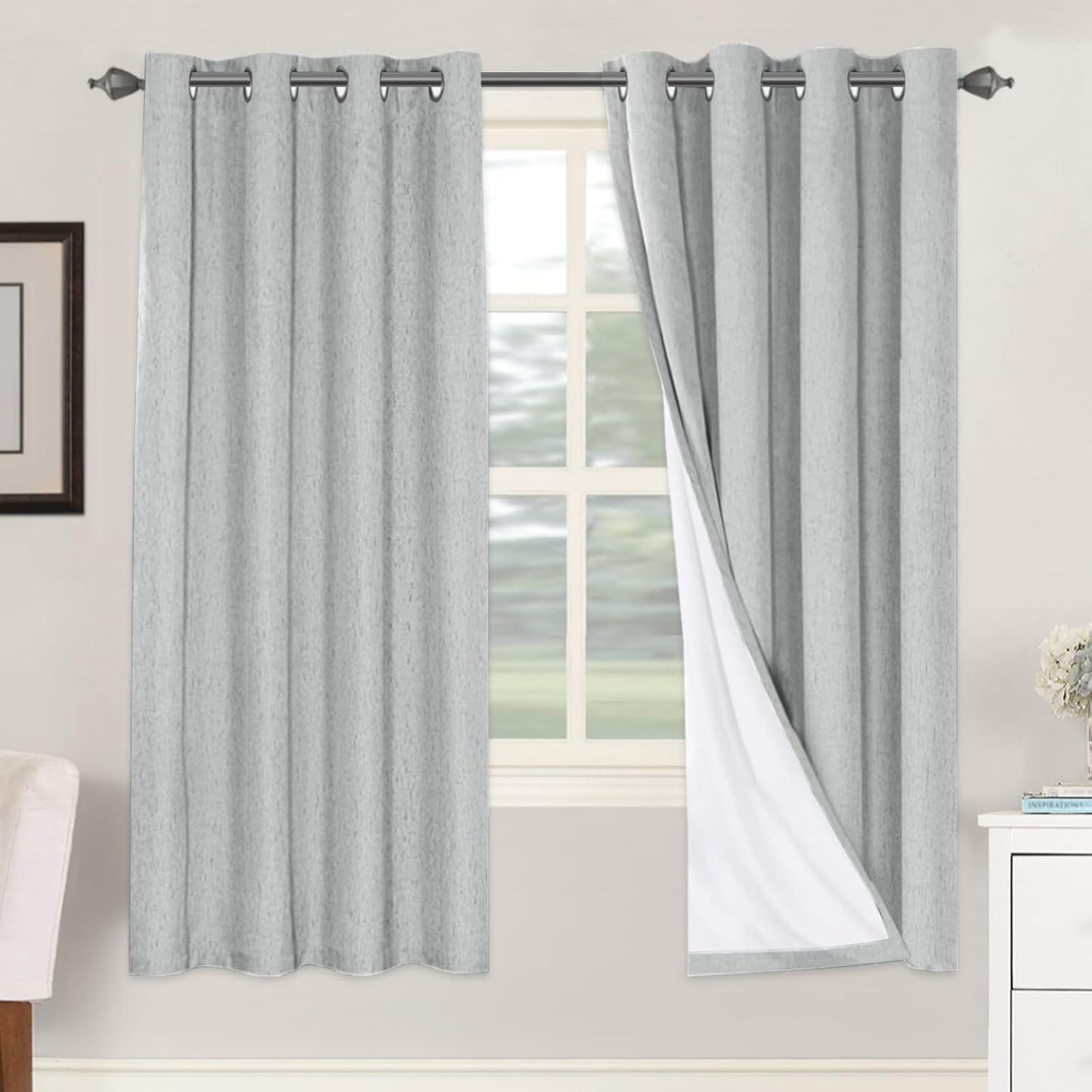 H.VERSAILTEX Linen Blackout Curtains 45 Inches Long 100% Blackout Thermal Insulated Textured Linen Look Curtain Draperies Anti-Rust Grommet, Energy Saving with White Liner, 2 Panels, Natural