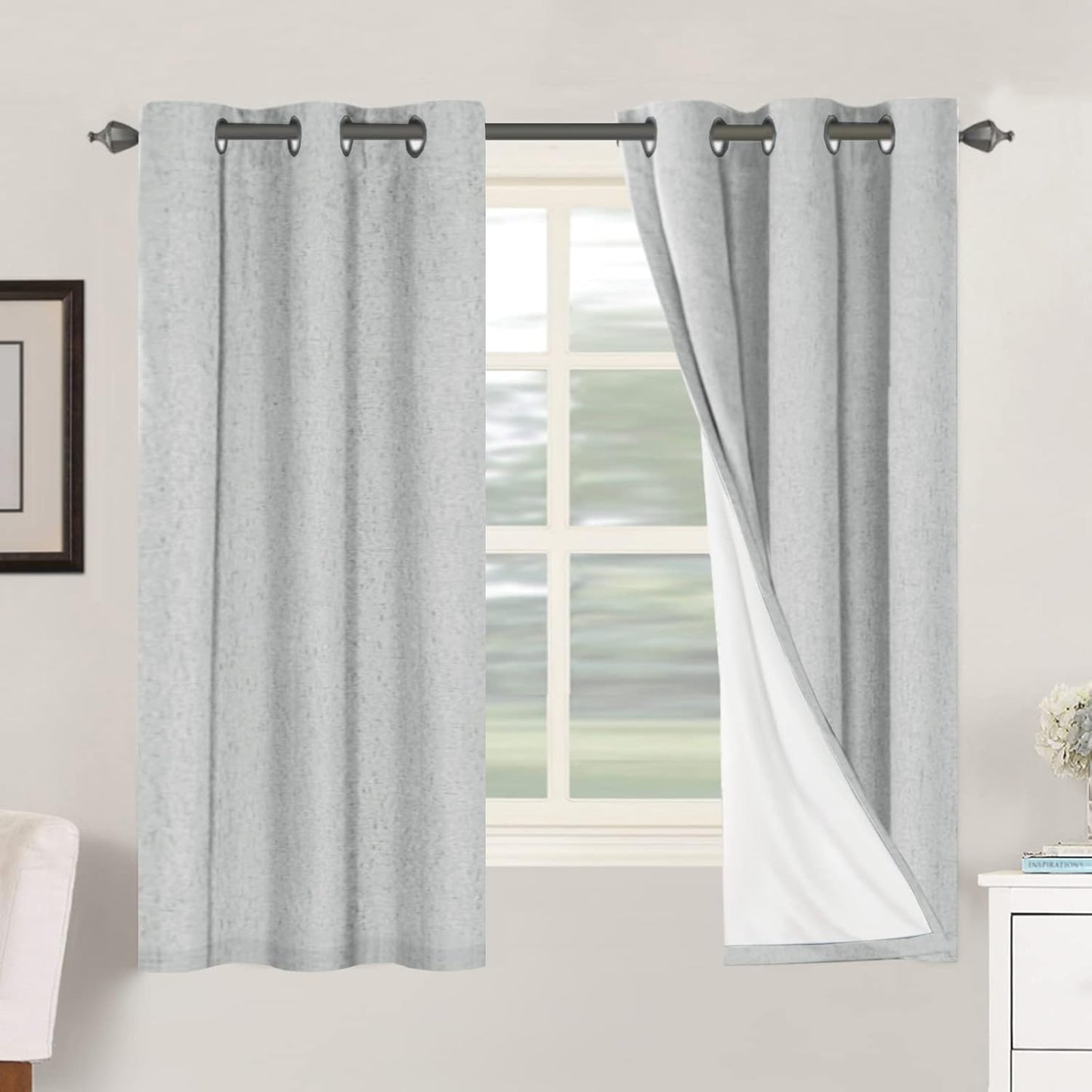 H.VERSAILTEX Linen Blackout Curtains 45 Inches Long 100% Blackout Thermal Insulated Textured Linen Look Curtain Draperies Anti-Rust Grommet, Energy Saving with White Liner, 2 Panels, Natural