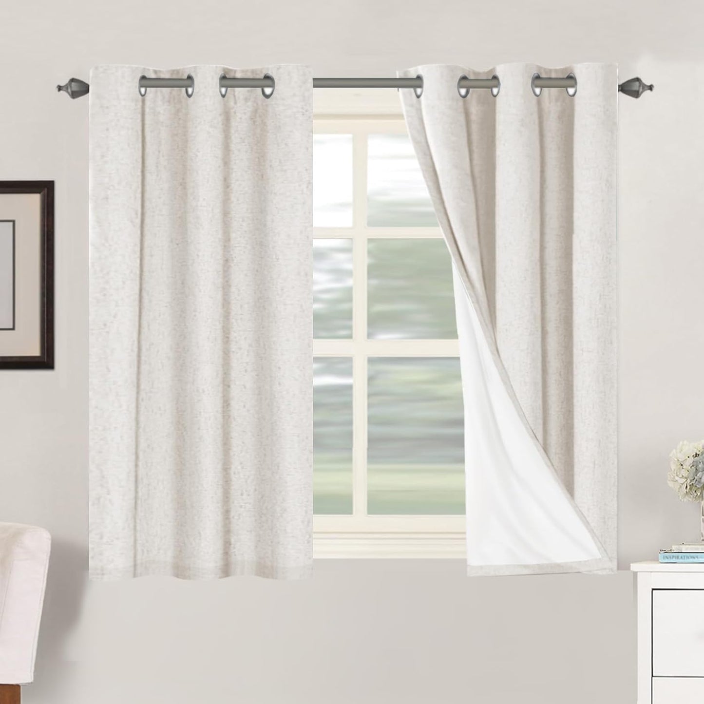 H.VERSAILTEX Linen Blackout Curtains 45 Inches Long 100% Blackout Thermal Insulated Textured Linen Look Curtain Draperies Anti-Rust Grommet, Energy Saving with White Liner, 2 Panels, Natural