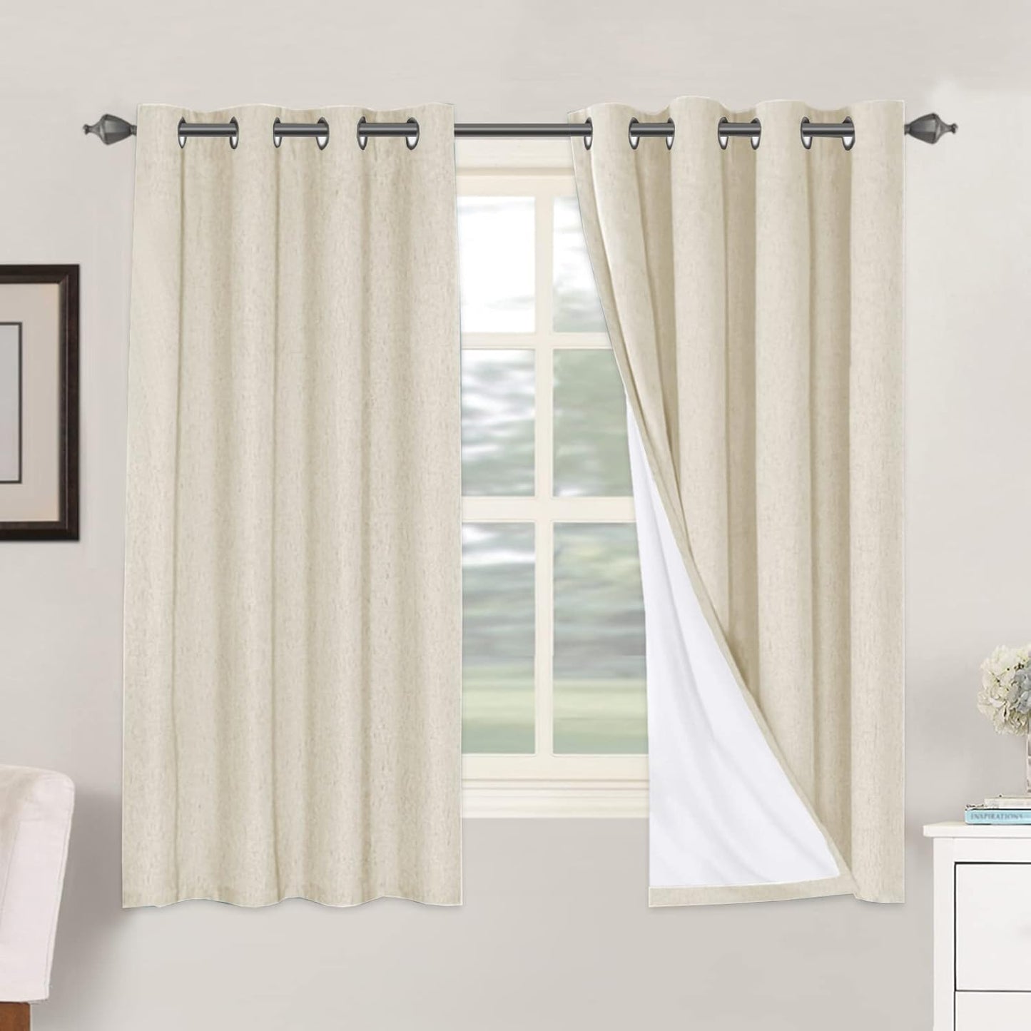 H.VERSAILTEX Linen Blackout Curtains 45 Inches Long 100% Blackout Thermal Insulated Textured Linen Look Curtain Draperies Anti-Rust Grommet, Energy Saving with White Liner, 2 Panels, Natural