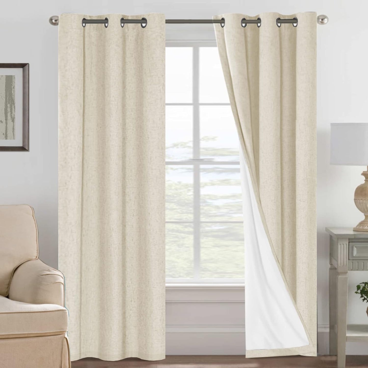H.VERSAILTEX Linen Blackout Curtains 45 Inches Long 100% Blackout Thermal Insulated Textured Linen Look Curtain Draperies Anti-Rust Grommet, Energy Saving with White Liner, 2 Panels, Natural