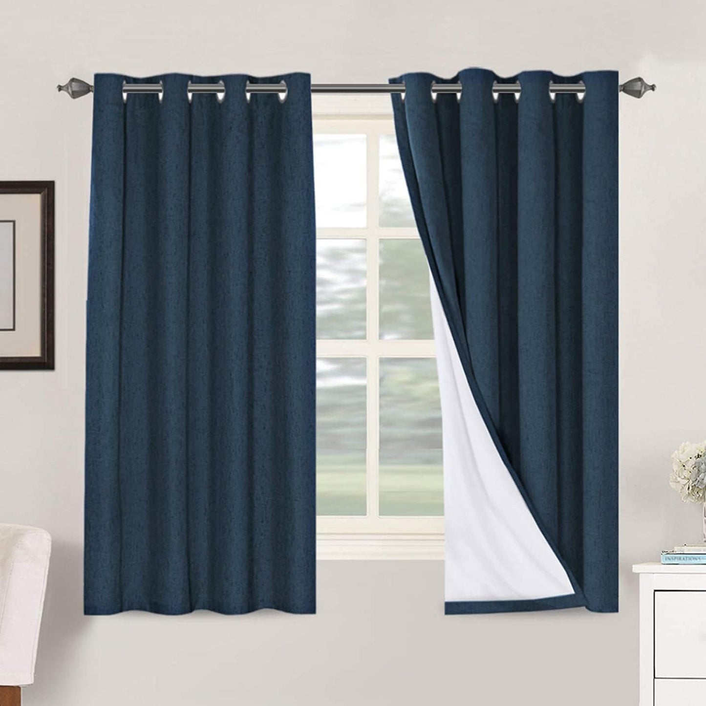 H.VERSAILTEX Linen Blackout Curtains 45 Inches Long 100% Blackout Thermal Insulated Textured Linen Look Curtain Draperies Anti-Rust Grommet, Energy Saving with White Liner, 2 Panels, Natural
