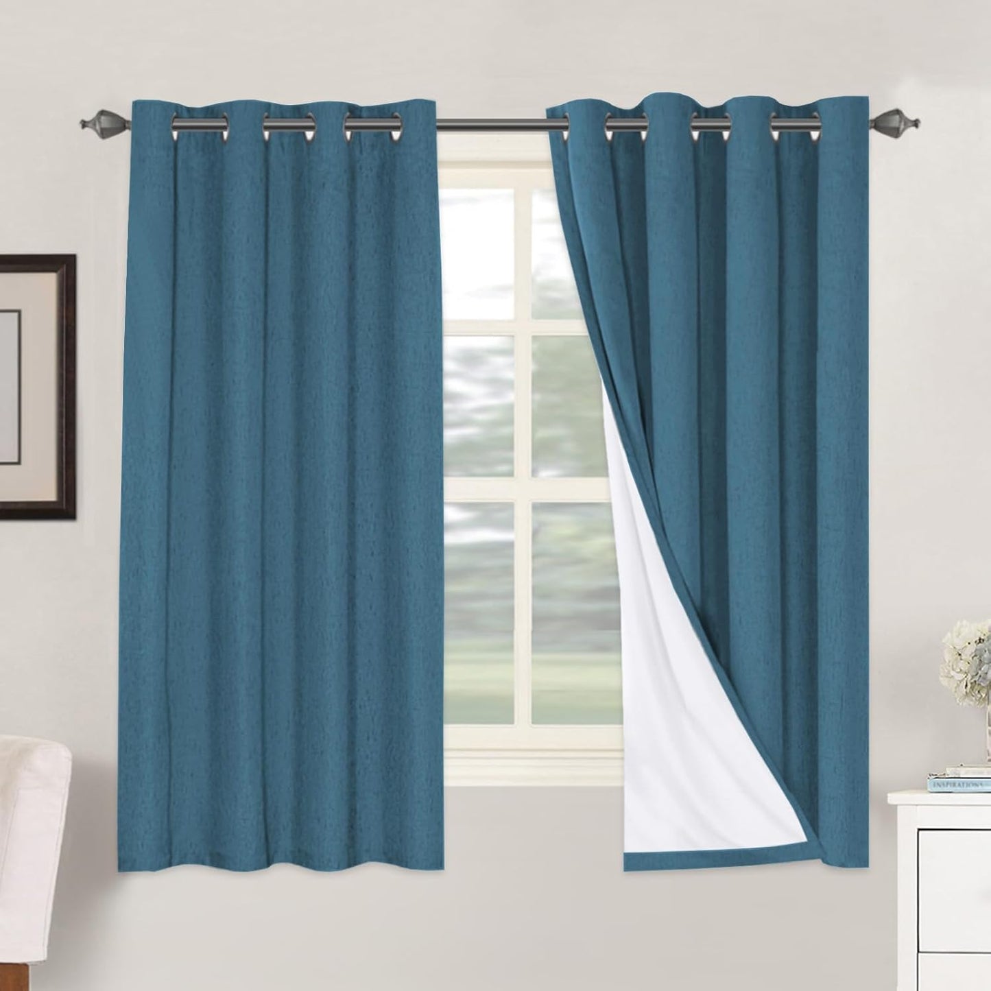 H.VERSAILTEX Linen Blackout Curtains 45 Inches Long 100% Blackout Thermal Insulated Textured Linen Look Curtain Draperies Anti-Rust Grommet, Energy Saving with White Liner, 2 Panels, Natural