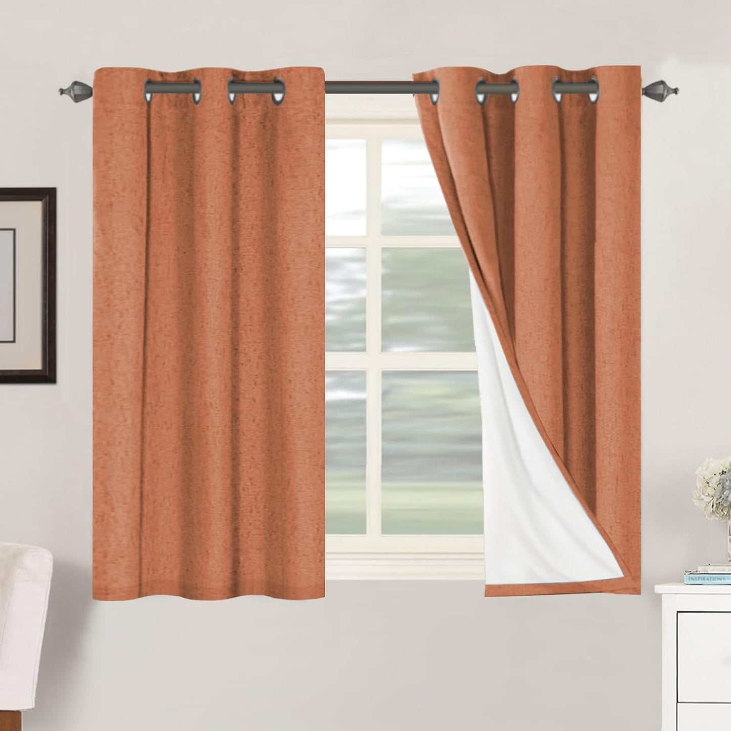 H.VERSAILTEX Linen Blackout Curtains 45 Inches Long 100% Blackout Thermal Insulated Textured Linen Look Curtain Draperies Anti-Rust Grommet, Energy Saving with White Liner, 2 Panels, Natural
