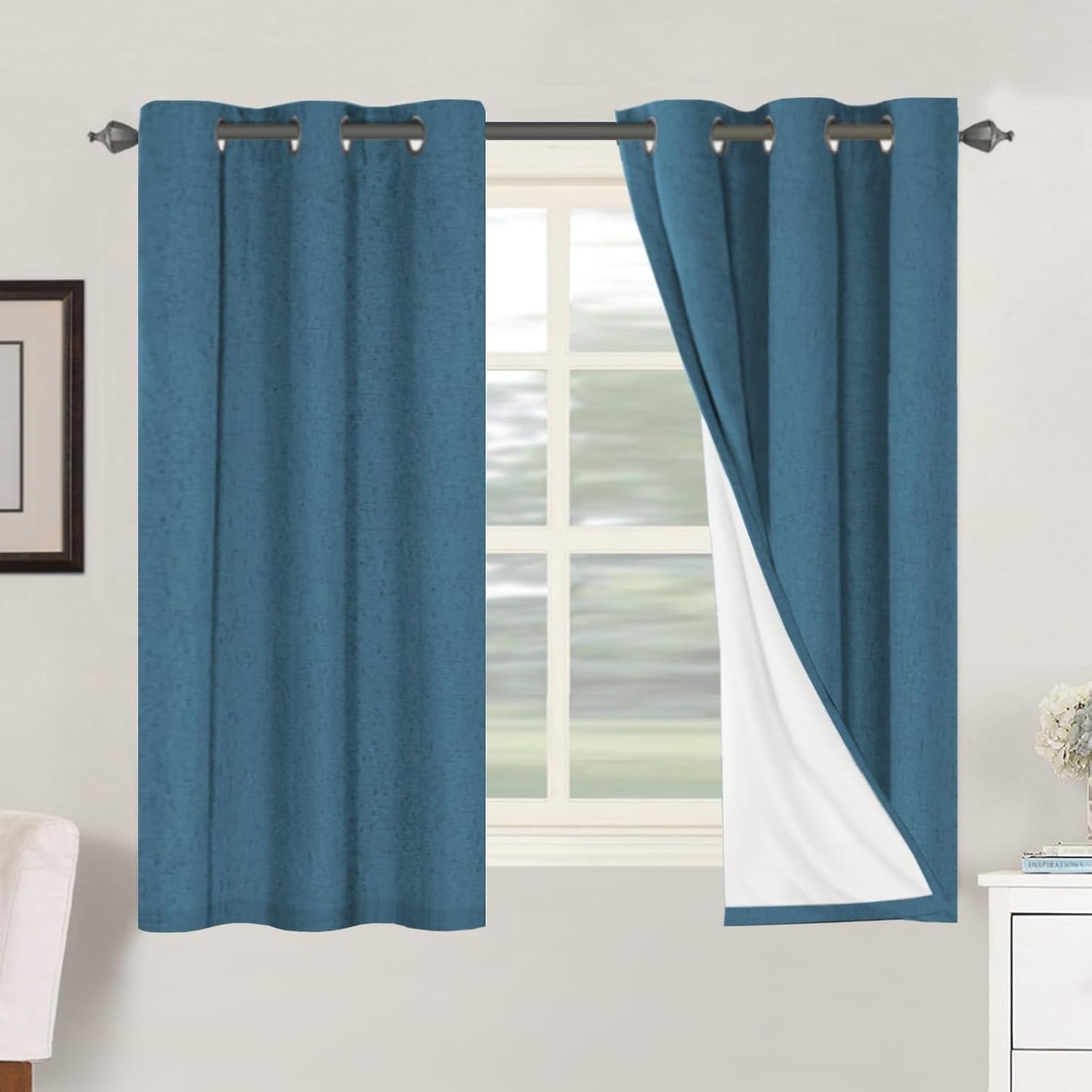 H.VERSAILTEX Linen Blackout Curtains 45 Inches Long 100% Blackout Thermal Insulated Textured Linen Look Curtain Draperies Anti-Rust Grommet, Energy Saving with White Liner, 2 Panels, Natural