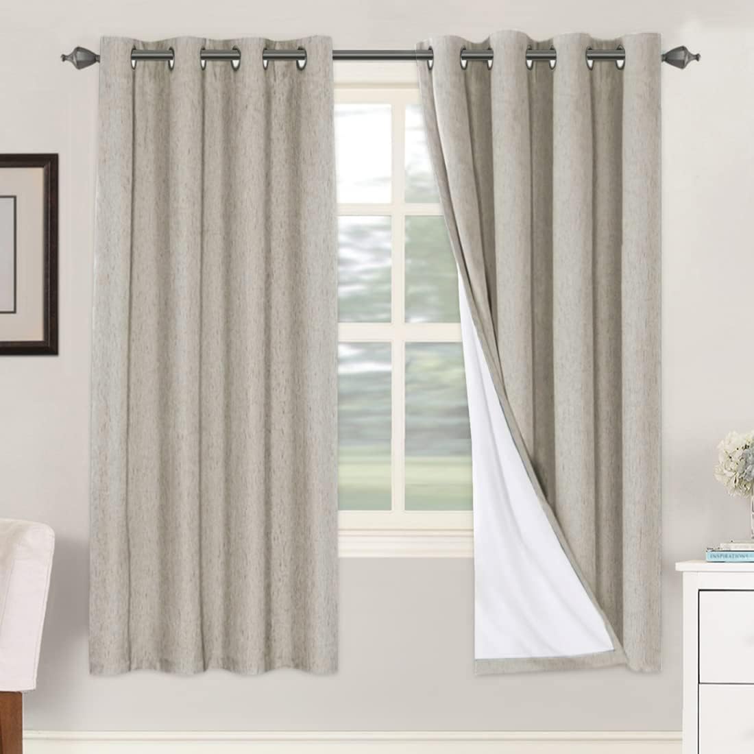 H.VERSAILTEX Linen Blackout Curtains 45 Inches Long 100% Blackout Thermal Insulated Textured Linen Look Curtain Draperies Anti-Rust Grommet, Energy Saving with White Liner, 2 Panels, Natural