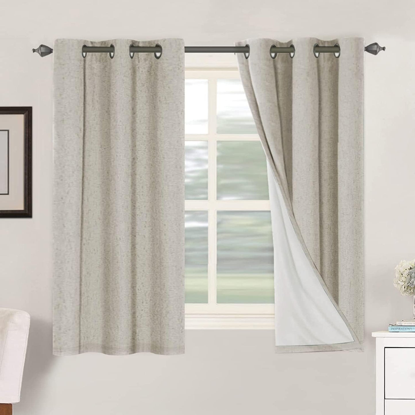 H.VERSAILTEX Linen Blackout Curtains 45 Inches Long 100% Blackout Thermal Insulated Textured Linen Look Curtain Draperies Anti-Rust Grommet, Energy Saving with White Liner, 2 Panels, Natural