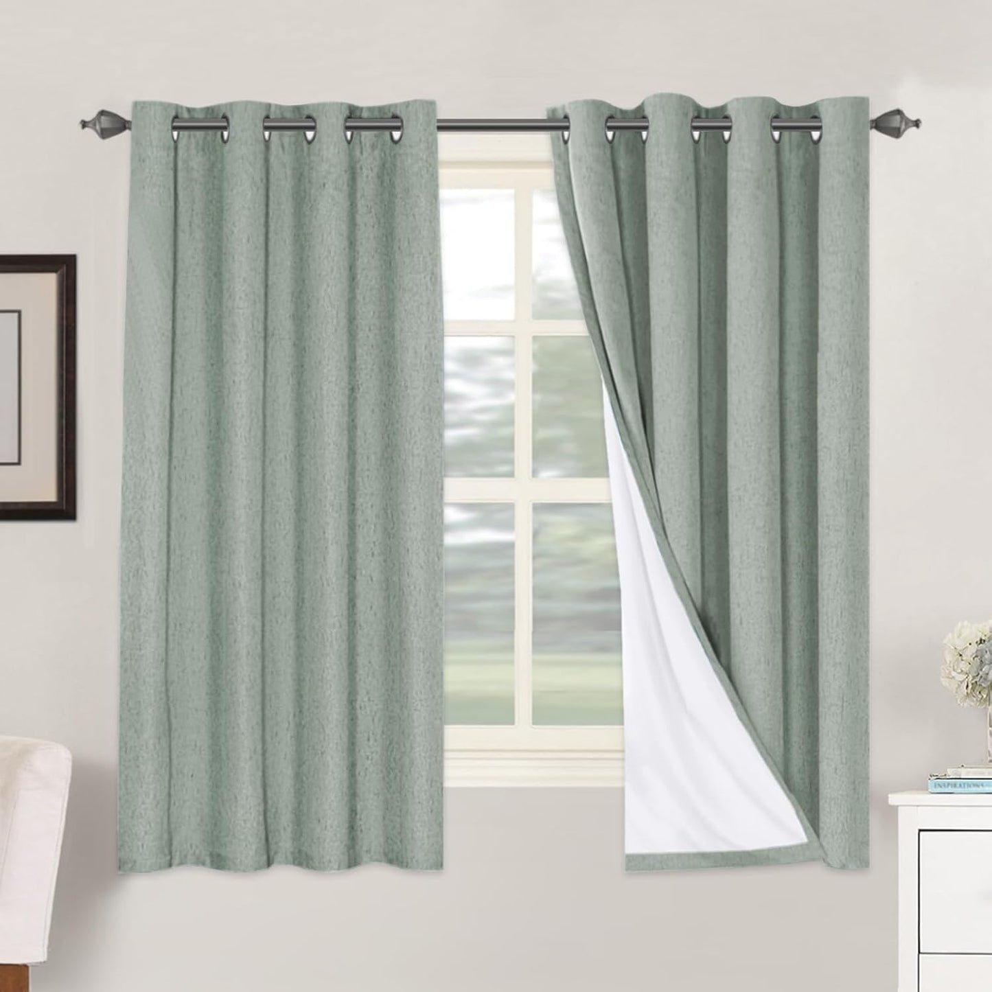 H.VERSAILTEX Linen Blackout Curtains 45 Inches Long 100% Blackout Thermal Insulated Textured Linen Look Curtain Draperies Anti-Rust Grommet, Energy Saving with White Liner, 2 Panels, Natural
