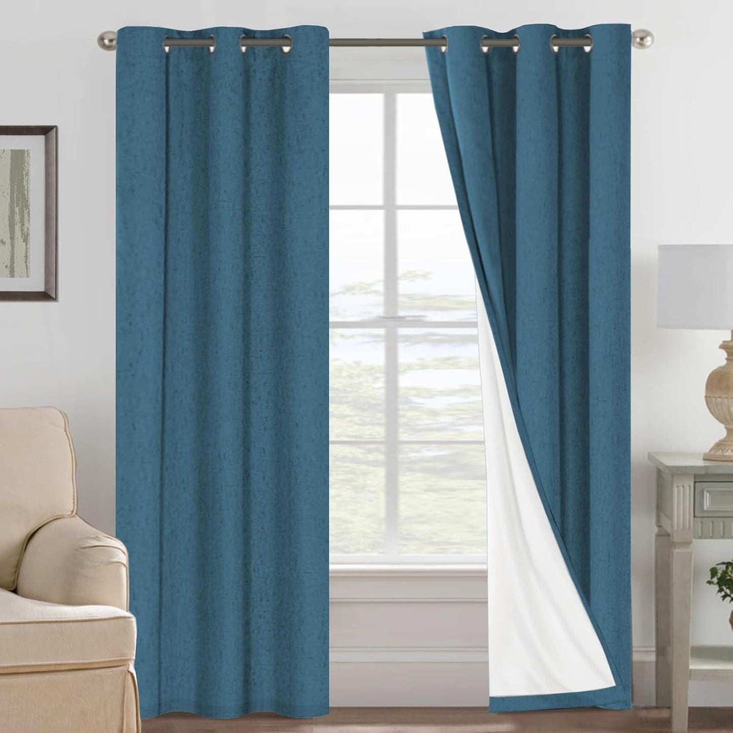 H.VERSAILTEX Linen Blackout Curtains 45 Inches Long 100% Blackout Thermal Insulated Textured Linen Look Curtain Draperies Anti-Rust Grommet, Energy Saving with White Liner, 2 Panels, Natural