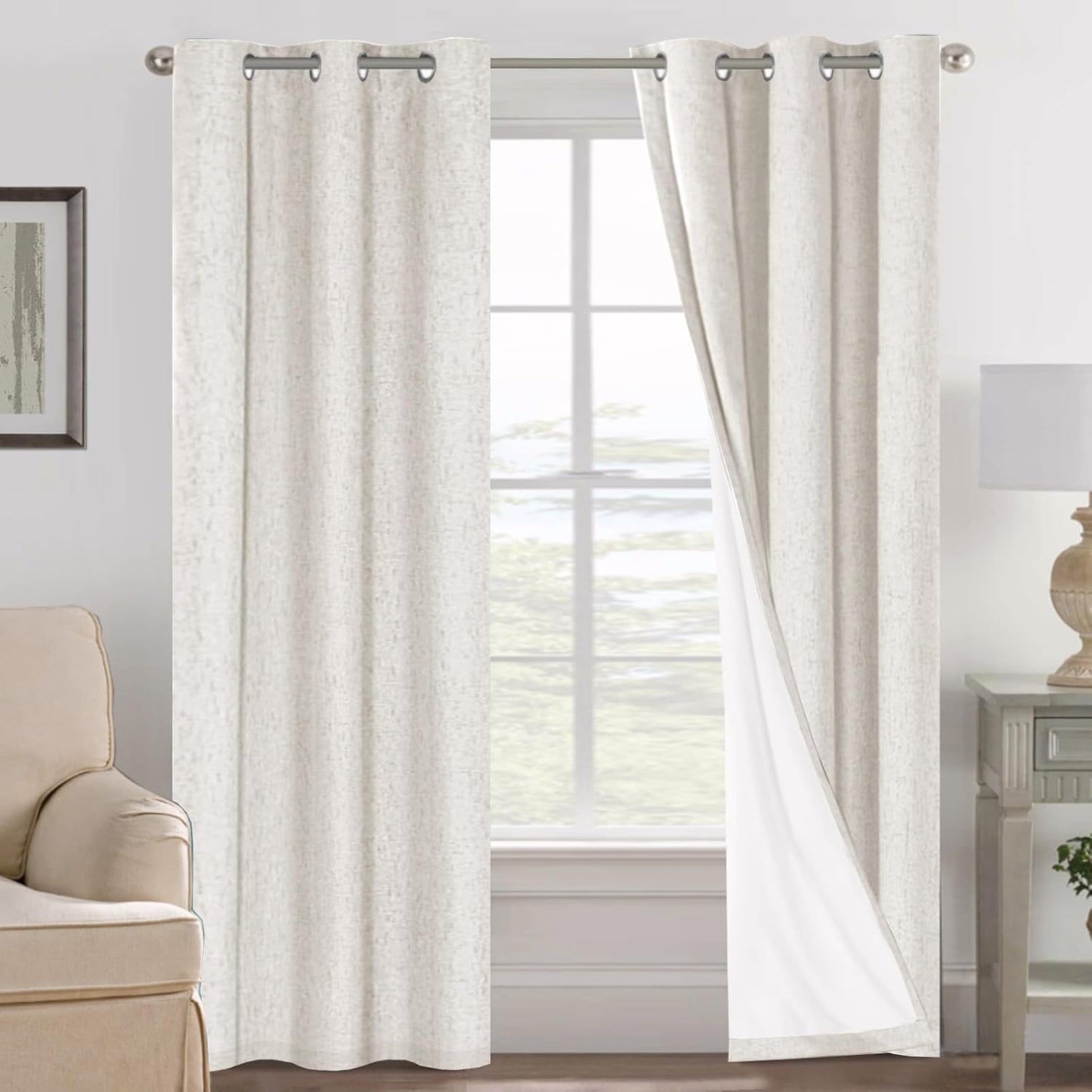 H.VERSAILTEX Linen Blackout Curtains 45 Inches Long 100% Blackout Thermal Insulated Textured Linen Look Curtain Draperies Anti-Rust Grommet, Energy Saving with White Liner, 2 Panels, Natural
