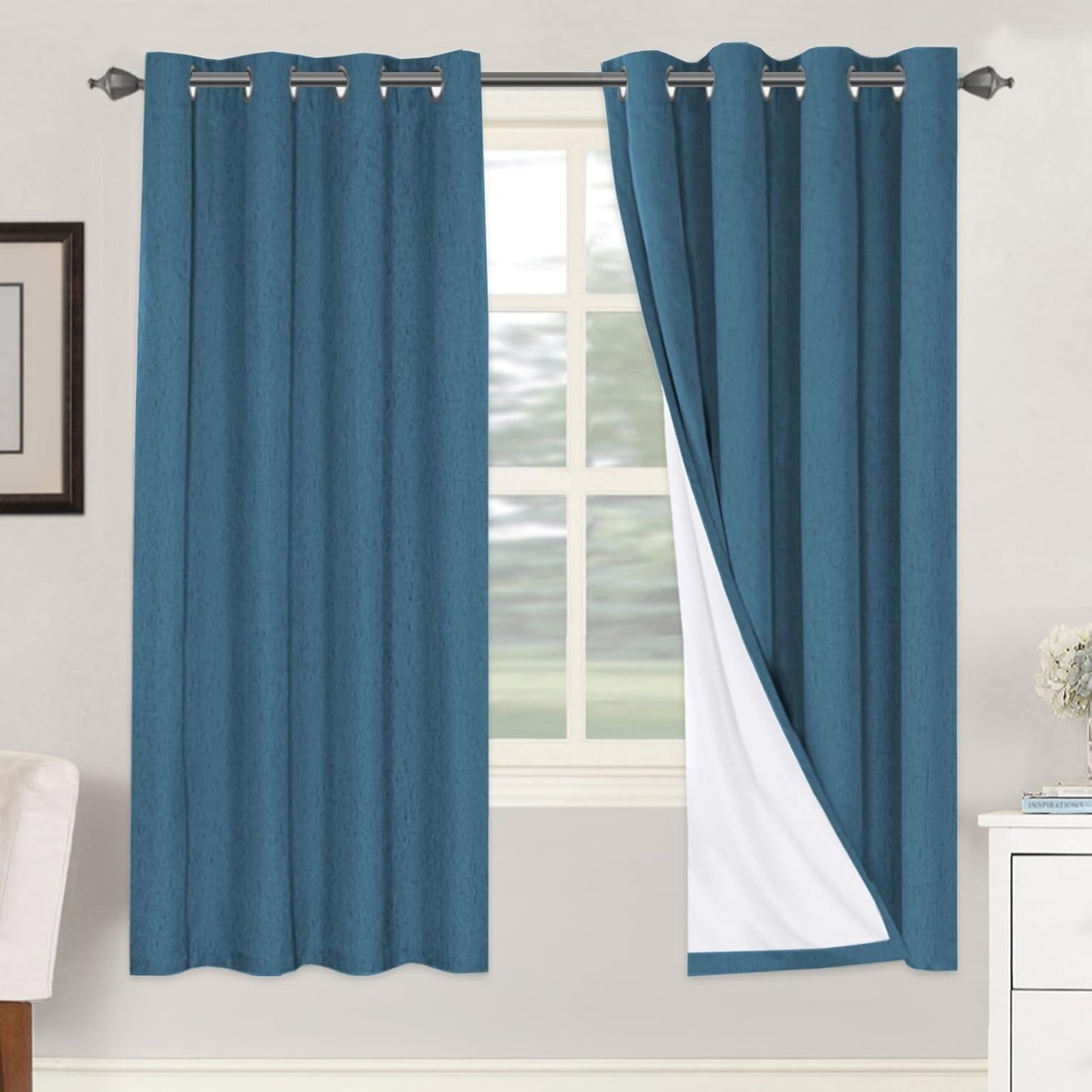H.VERSAILTEX Linen Blackout Curtains 45 Inches Long 100% Blackout Thermal Insulated Textured Linen Look Curtain Draperies Anti-Rust Grommet, Energy Saving with White Liner, 2 Panels, Natural
