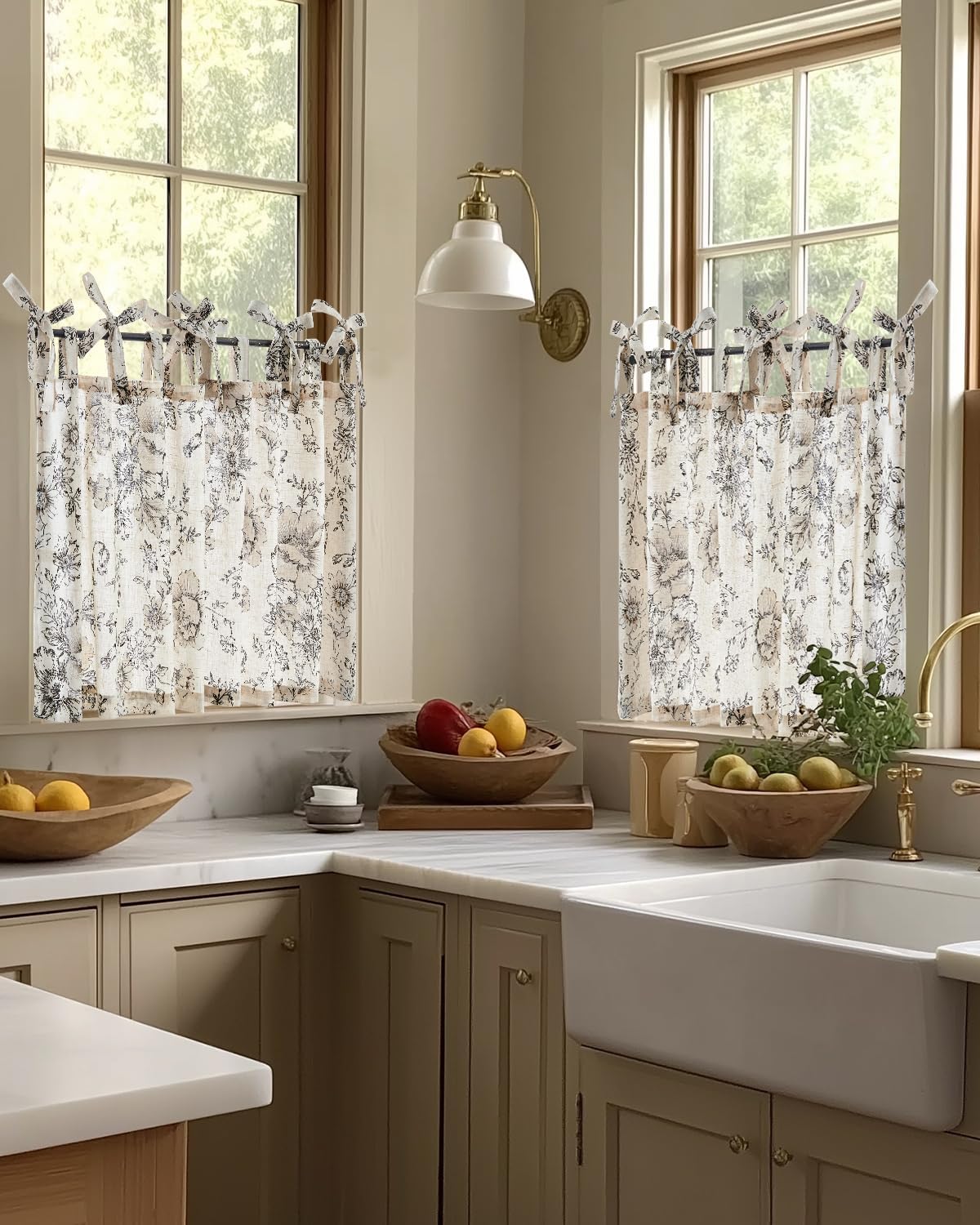 jinchan Floral Linen Tier Curtains 36 Inch Farmhouse Cafe Curtains Tie Top Botanic Drapes for Small Windows Over Sink for Kitchen Country Rustic Laundry Room Bathroom RV 2 Panels Black on Beige