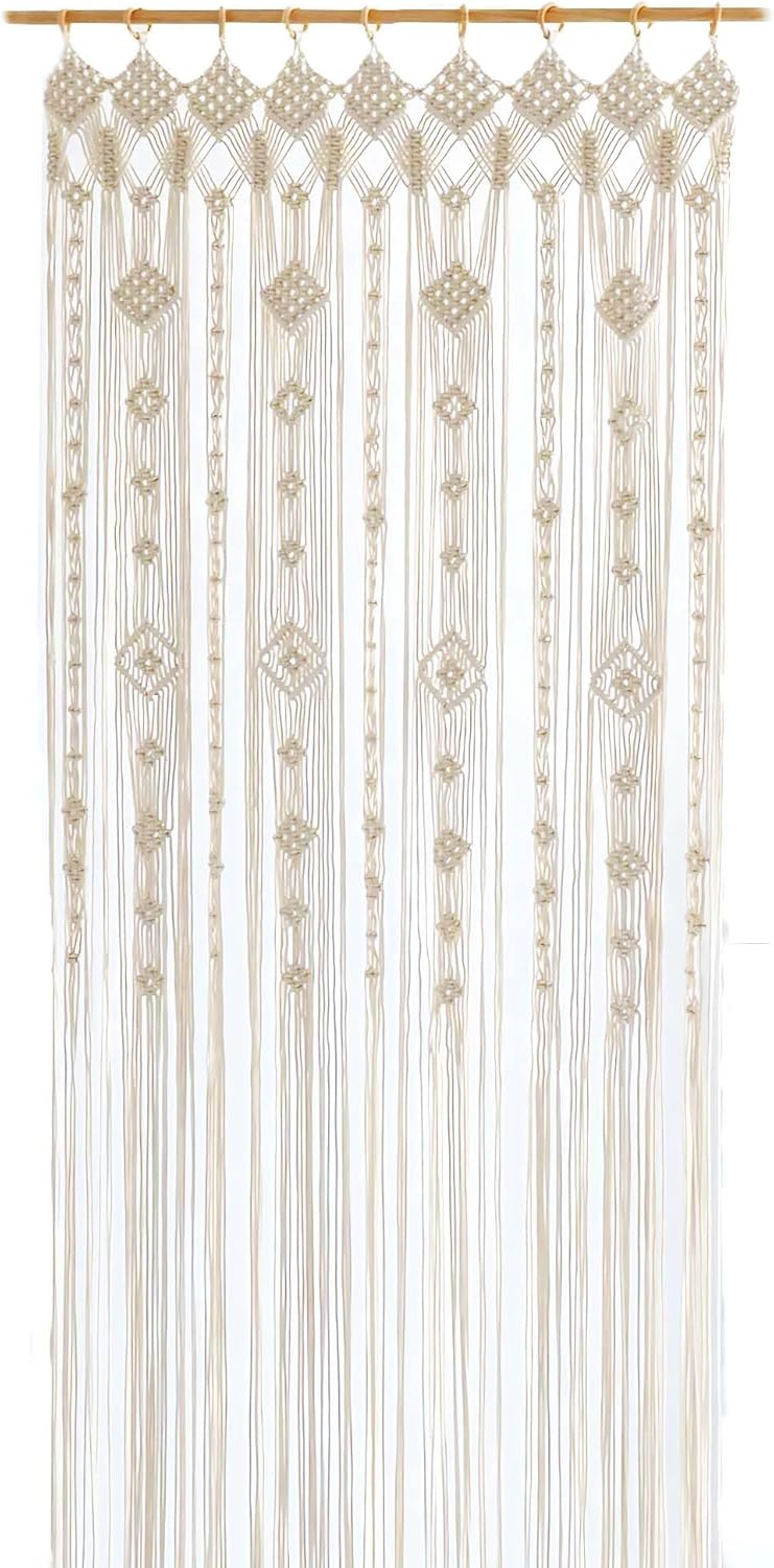 Boho Macrame Window Curtain Room Divider Doorway Curtain 79 x 35 Inches Large Long Macrame Wall Hanging for Living Room Bedroom Bohemian Home Decor Wedding Backdrop, Gypsophila - 1 Panel L