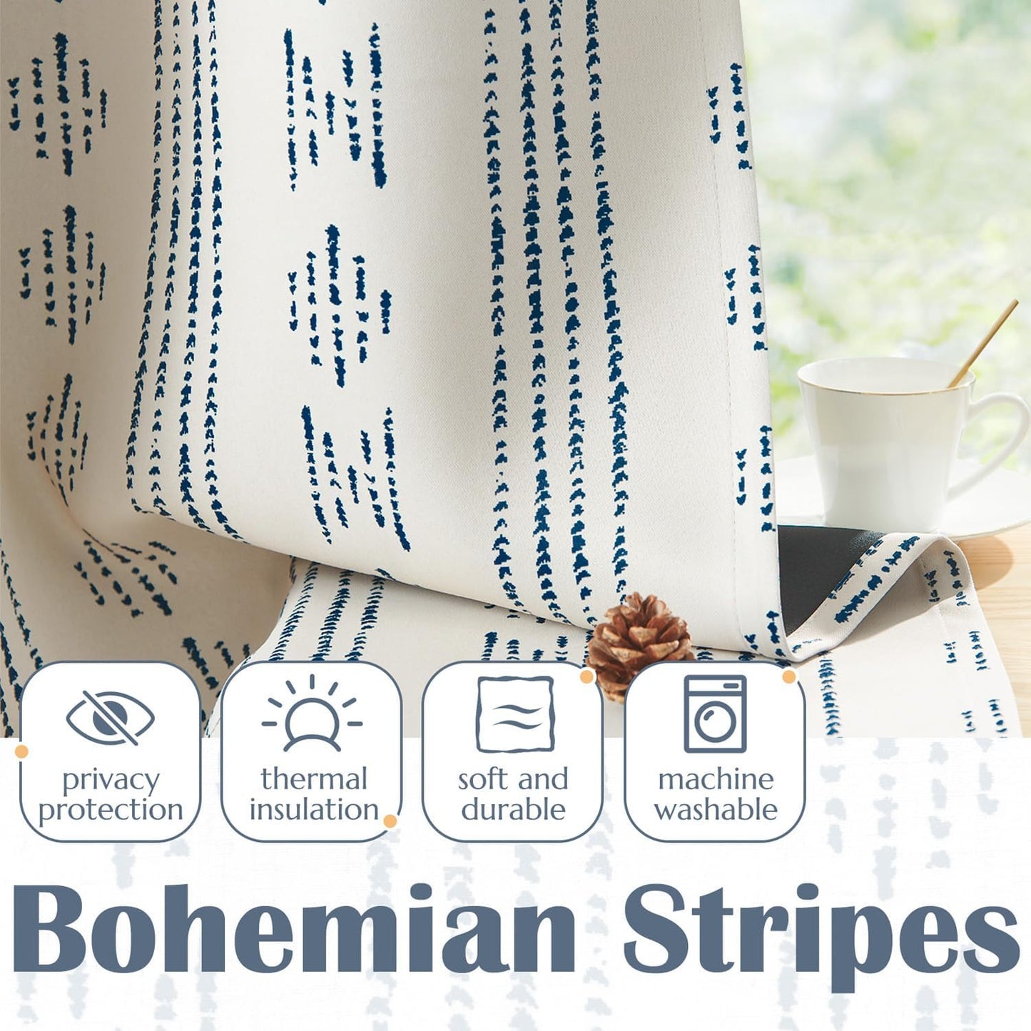 jinchan 95% Blackout Boho Kitchen Curtains 36 Inches Cafe Tier Curtains Bohemian Small Drapes for Bedroom RV Basement Half Window Room Darkening Thermal Insulated 2 Panels Blue on Beige