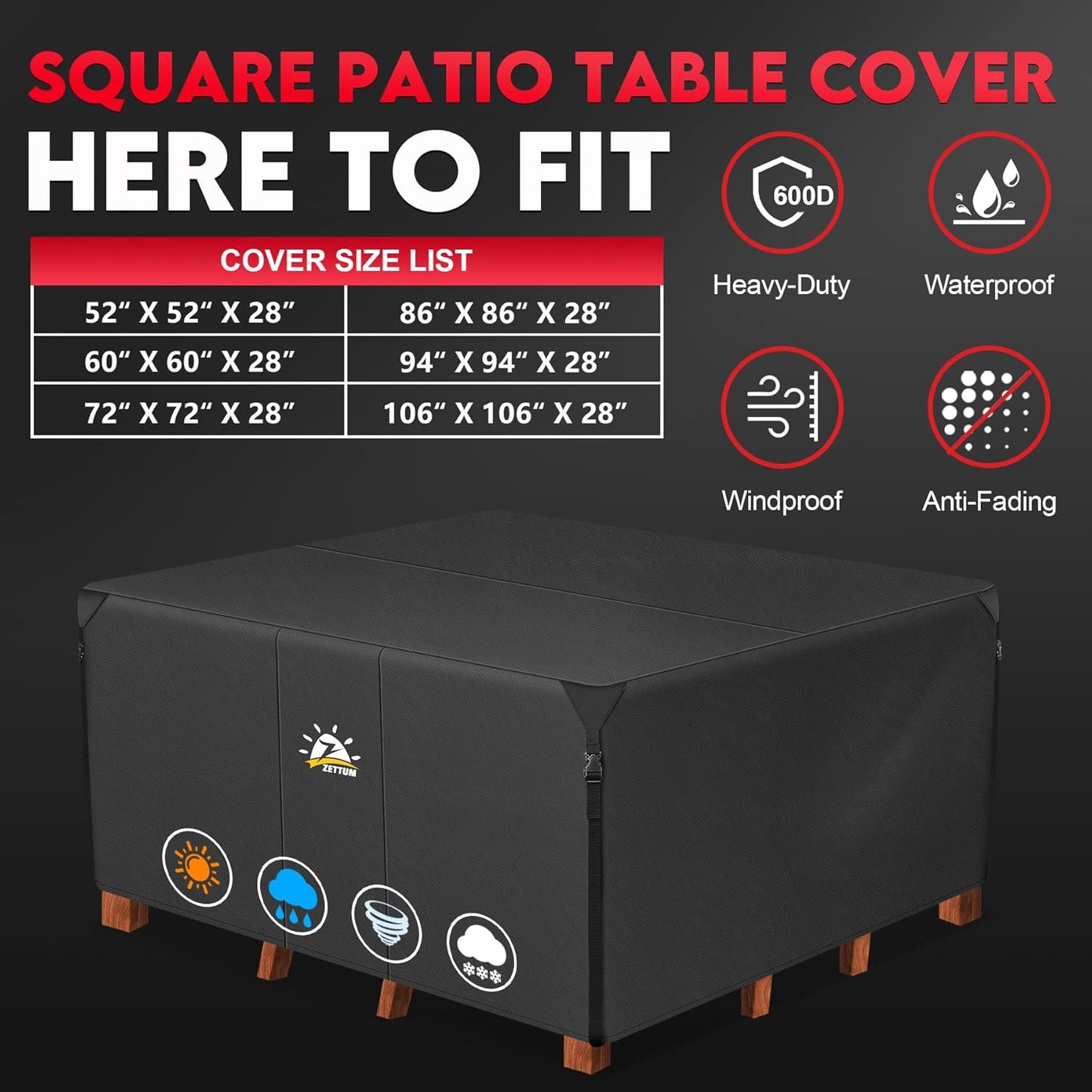 Zettum Patio Furniture Cover Square - 600D Outdoor Table Cover Waterproof & Heavy Duty, 86 Inch Large Lawn Furniture Set Covers for Outside Dining Table and Chairs Seating Combo - 86 x 86 x 28 Inch