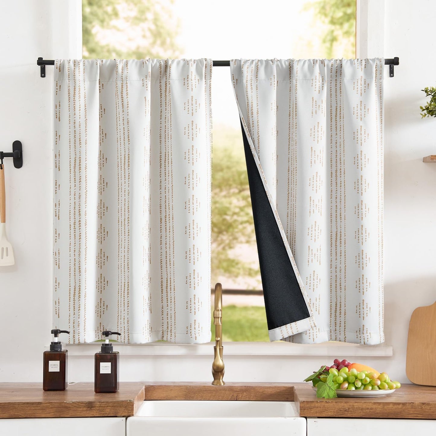 jinchan 95% Blackout Boho Kitchen Curtains 36 Inches Cafe Tier Curtains Bohemian Small Drapes for Bedroom RV Basement Half Window Room Darkening Thermal Insulated 2 Panels Blue on Beige