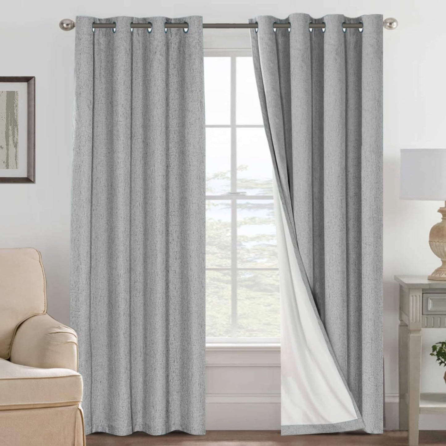 H.VERSAILTEX Linen Blackout Curtains 45 Inches Long 100% Blackout Thermal Insulated Textured Linen Look Curtain Draperies Anti-Rust Grommet, Energy Saving with White Liner, 2 Panels, Natural