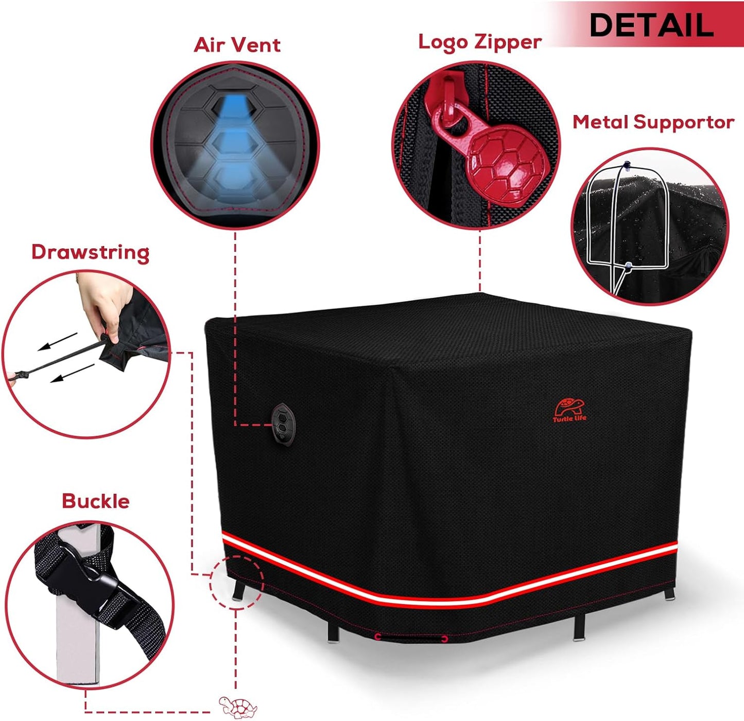 Turtle Life Patio Furniture Sets Cover, Heavy Duty Square Durable Waterproof Outdoor UV Resistant Anti-Fading Dining Table Chairs Furniture Cover, Black, 96"L x 96"W x 29"H